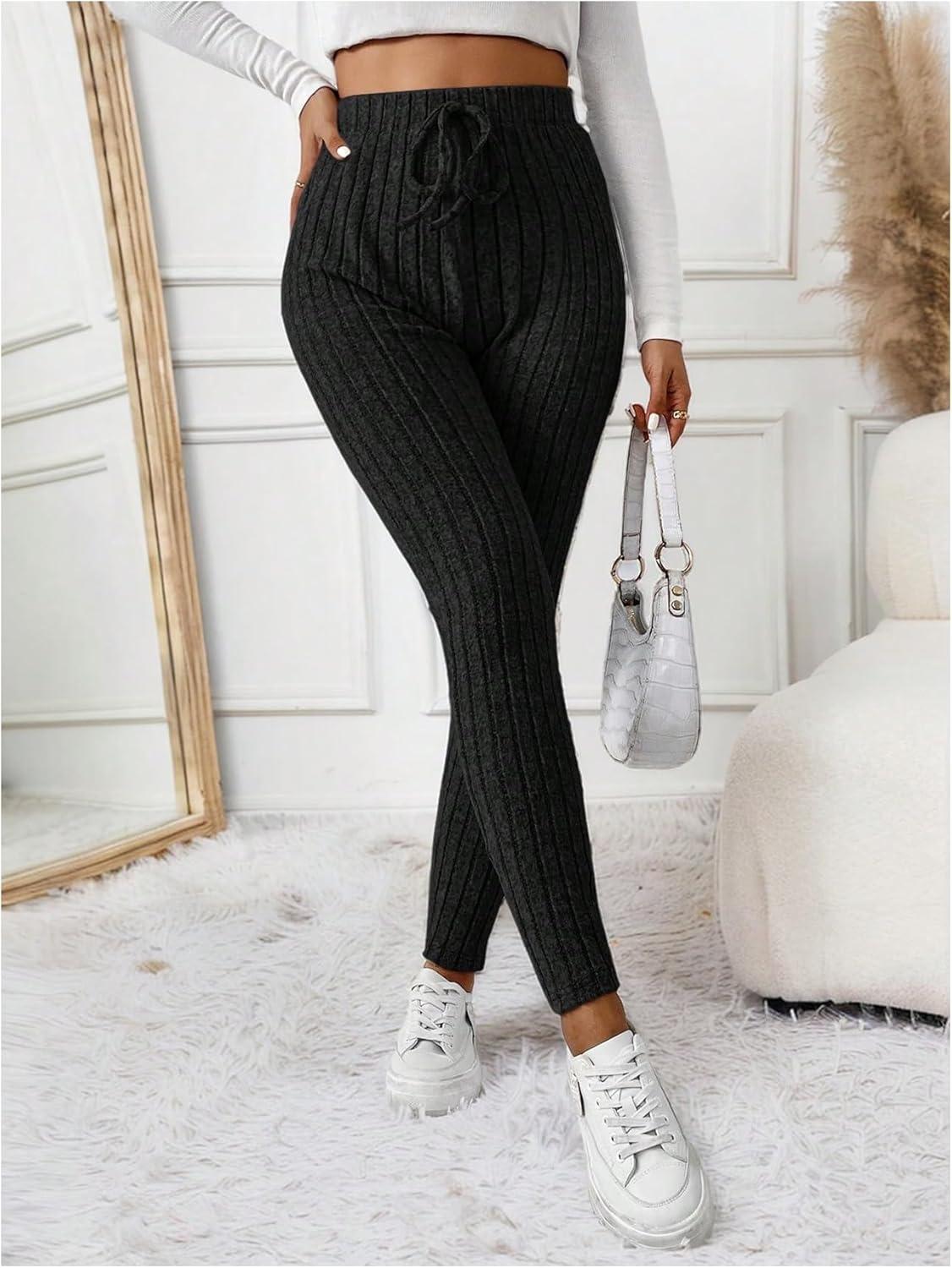 imageFloerns Womens High Waist Split Slit Hem Stretchy Rib Knit Leggings PantsBlack Plain