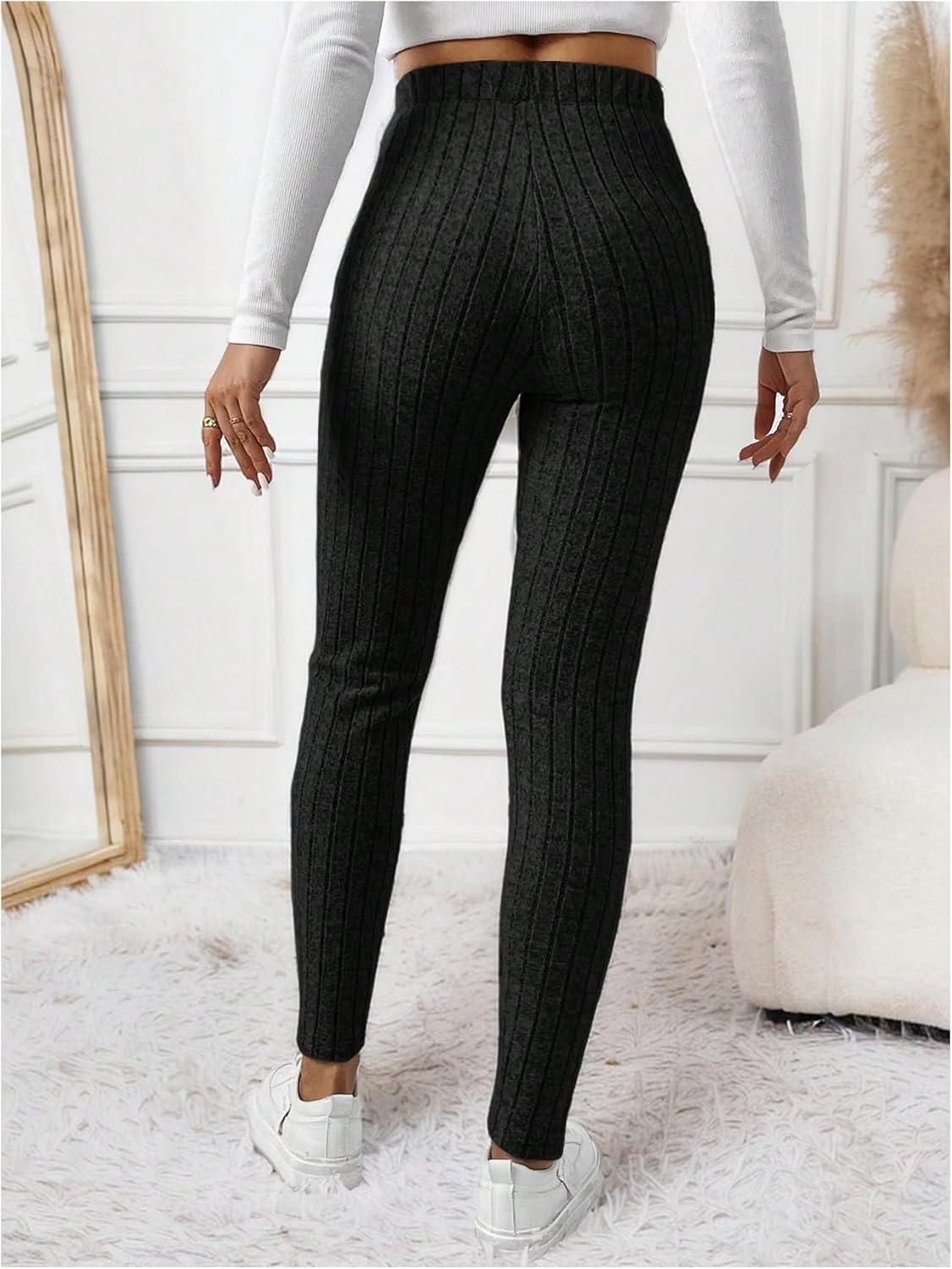 imageFloerns Womens High Waist Split Slit Hem Stretchy Rib Knit Leggings PantsBlack Plain