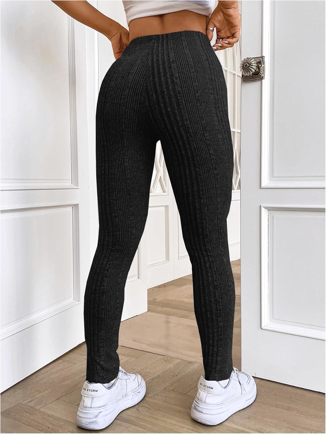 imageFloerns Womens High Waist Split Slit Hem Stretchy Rib Knit Leggings PantsBlack Solid