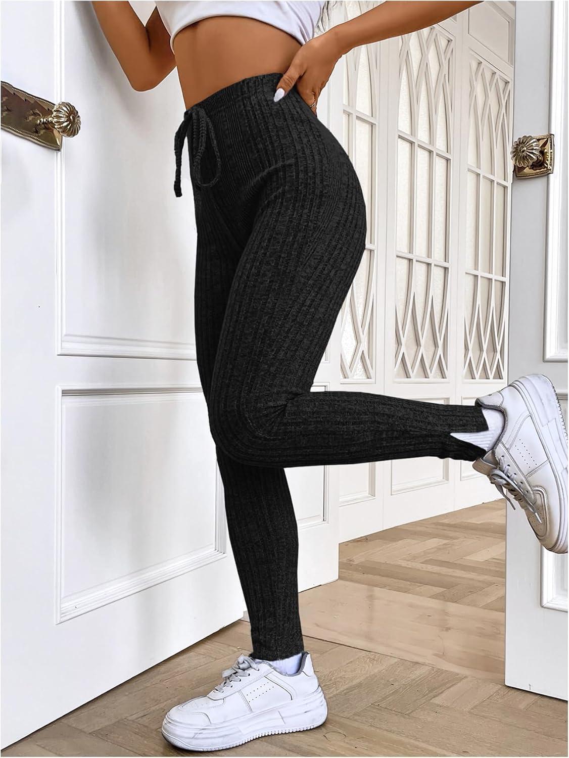 imageFloerns Womens High Waist Split Slit Hem Stretchy Rib Knit Leggings PantsBlack Solid