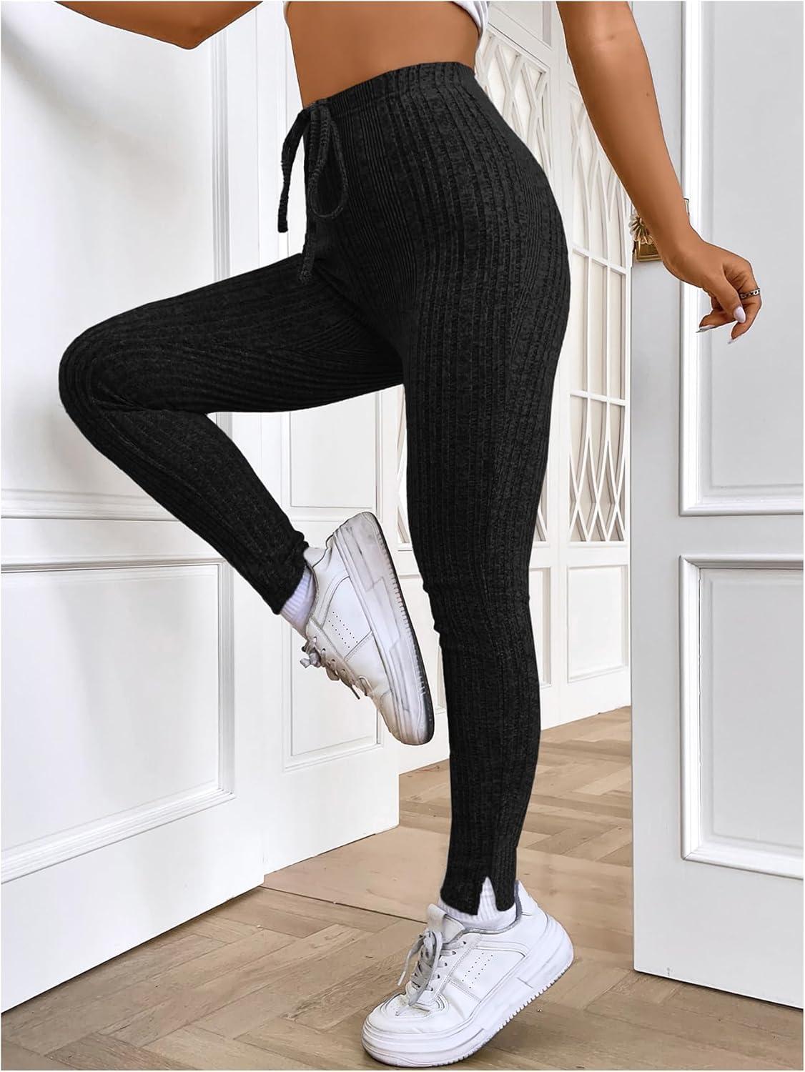 imageFloerns Womens High Waist Split Slit Hem Stretchy Rib Knit Leggings PantsBlack Solid