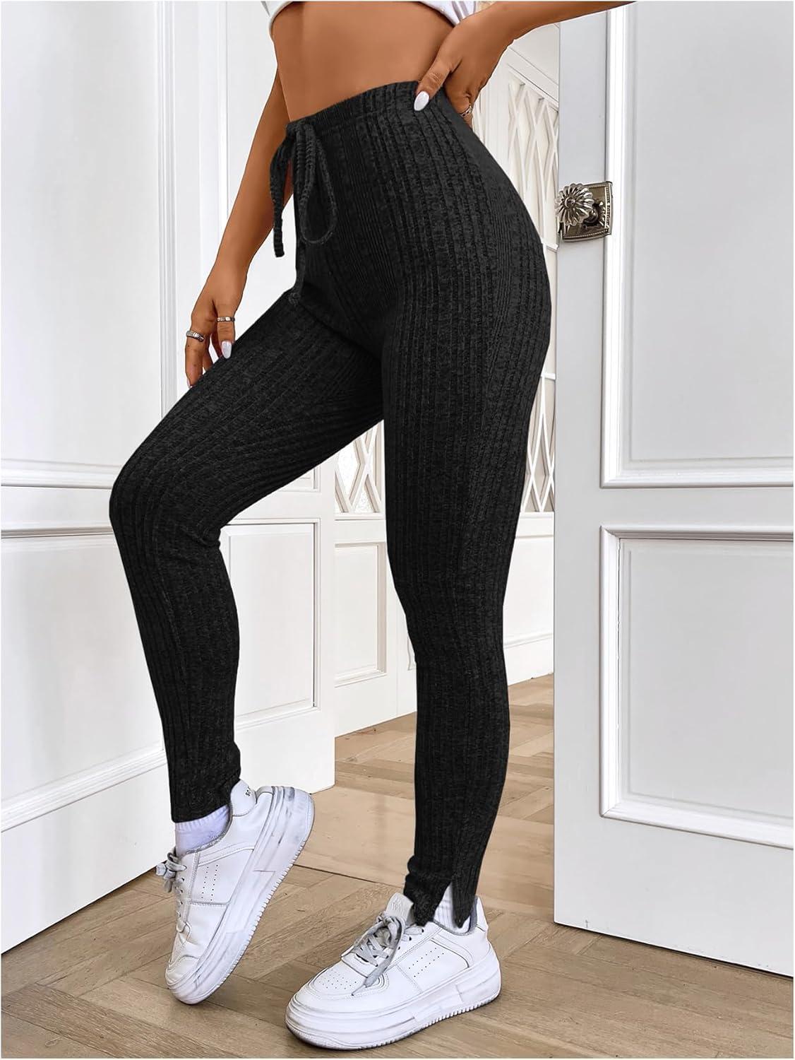 imageFloerns Womens High Waist Split Slit Hem Stretchy Rib Knit Leggings PantsBlack Solid