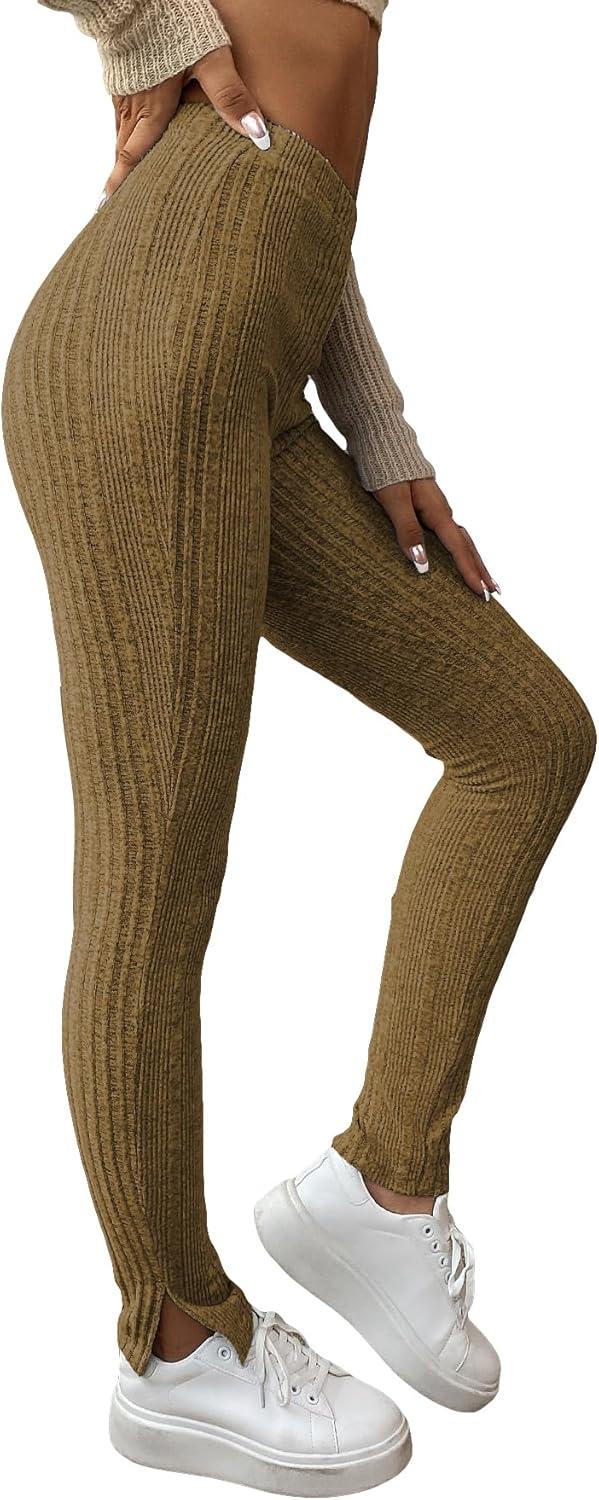 imageFloerns Womens High Waist Split Slit Hem Stretchy Rib Knit Leggings PantsBrown