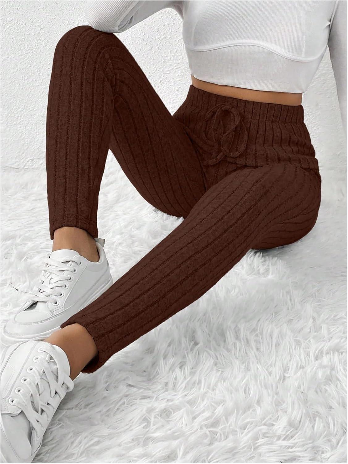 imageFloerns Womens High Waist Split Slit Hem Stretchy Rib Knit Leggings PantsCoffee Brown