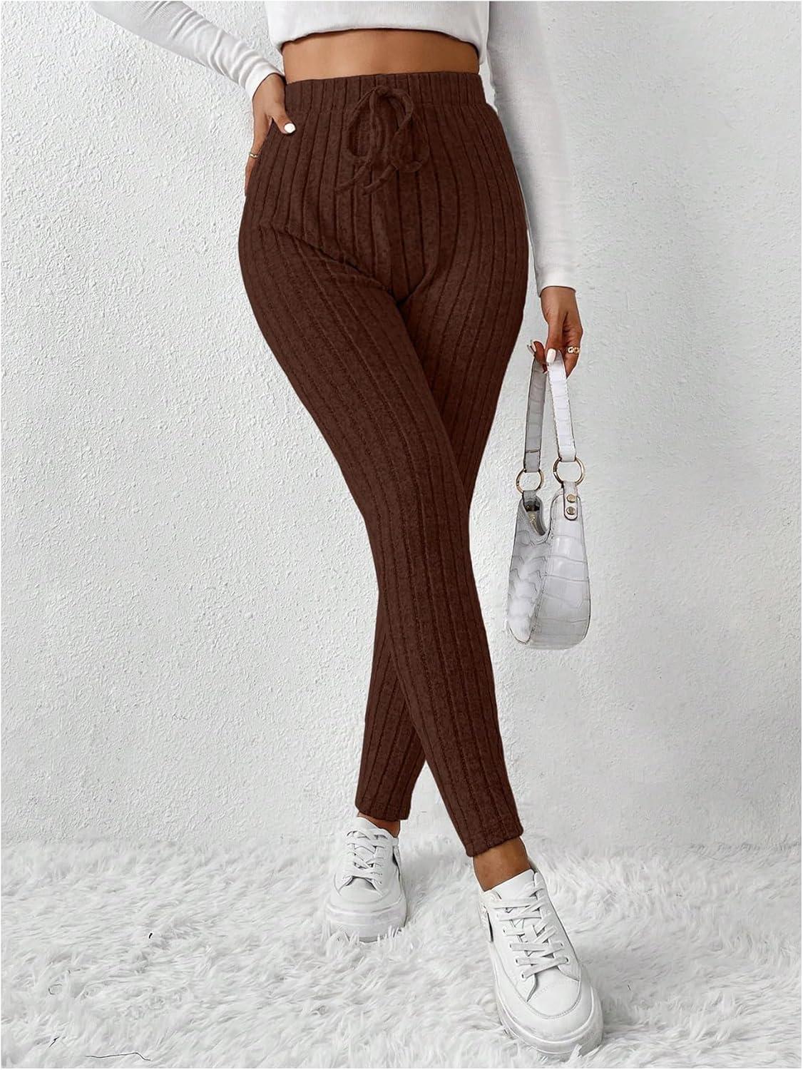 imageFloerns Womens High Waist Split Slit Hem Stretchy Rib Knit Leggings PantsCoffee Brown