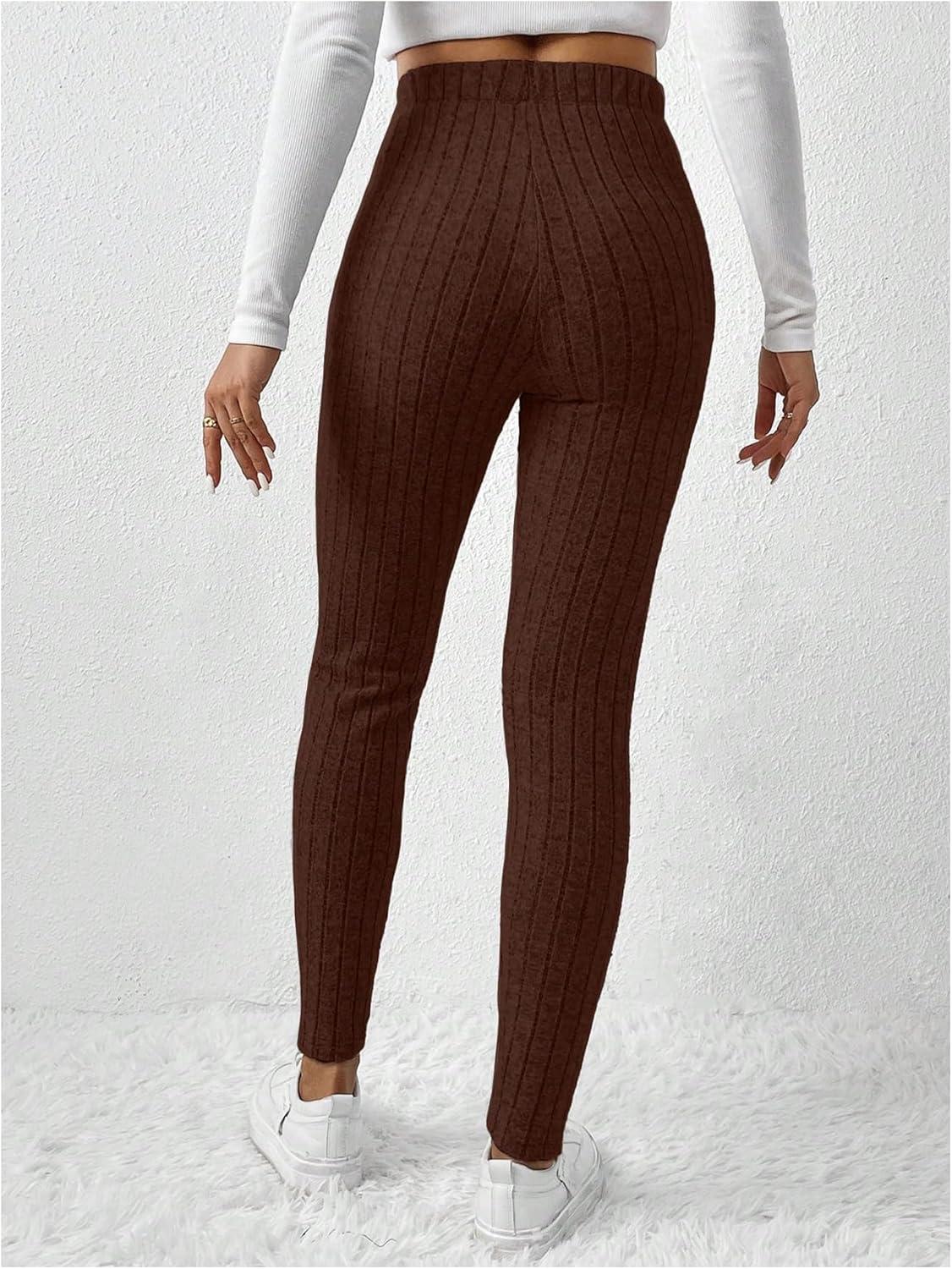 imageFloerns Womens High Waist Split Slit Hem Stretchy Rib Knit Leggings PantsCoffee Brown