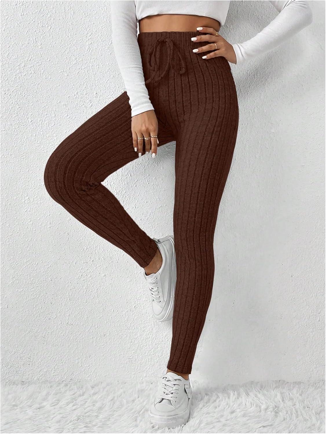 imageFloerns Womens High Waist Split Slit Hem Stretchy Rib Knit Leggings PantsCoffee Brown