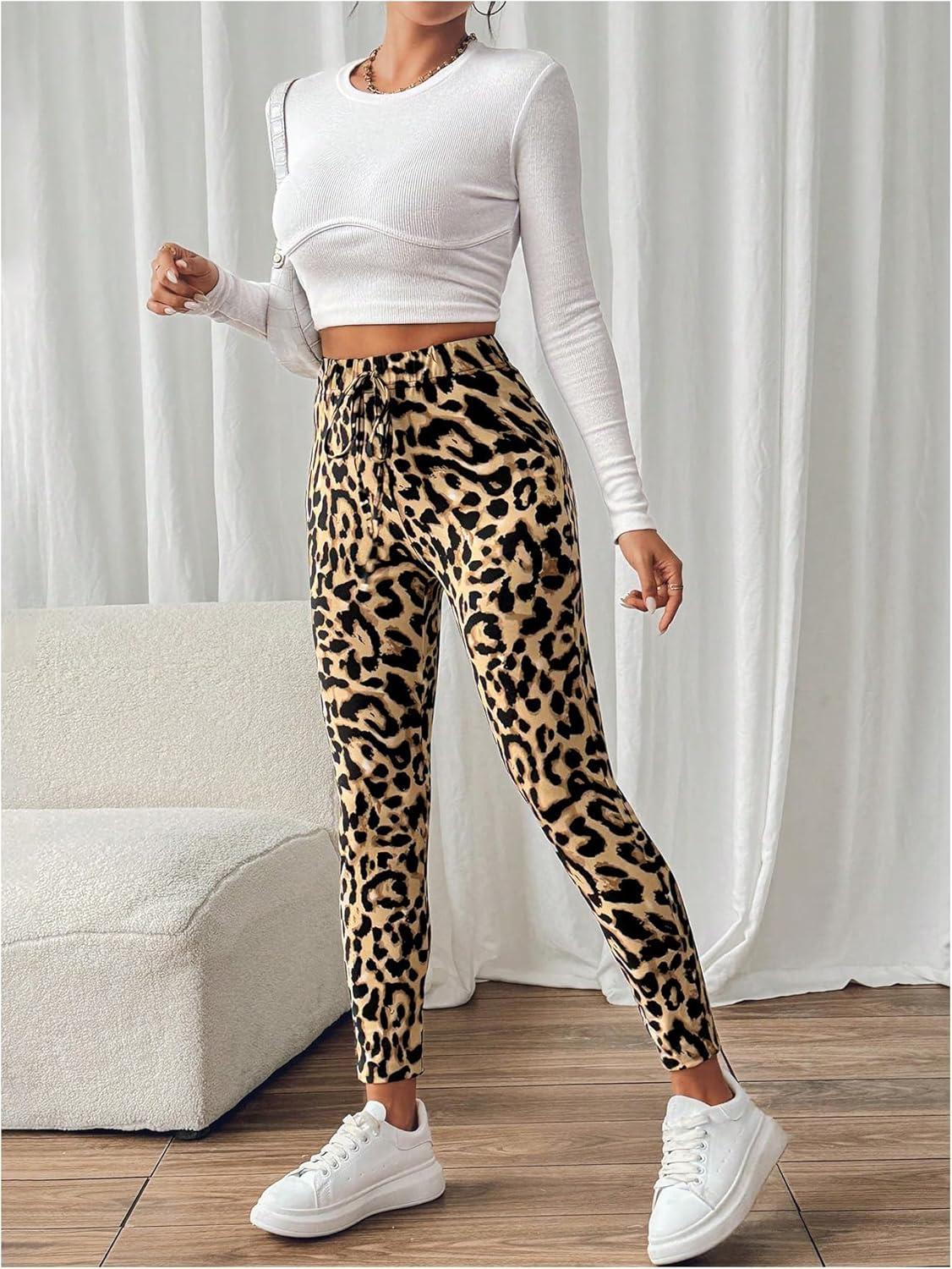 imageFloerns Womens High Waist Split Slit Hem Stretchy Rib Knit Leggings PantsLeopard