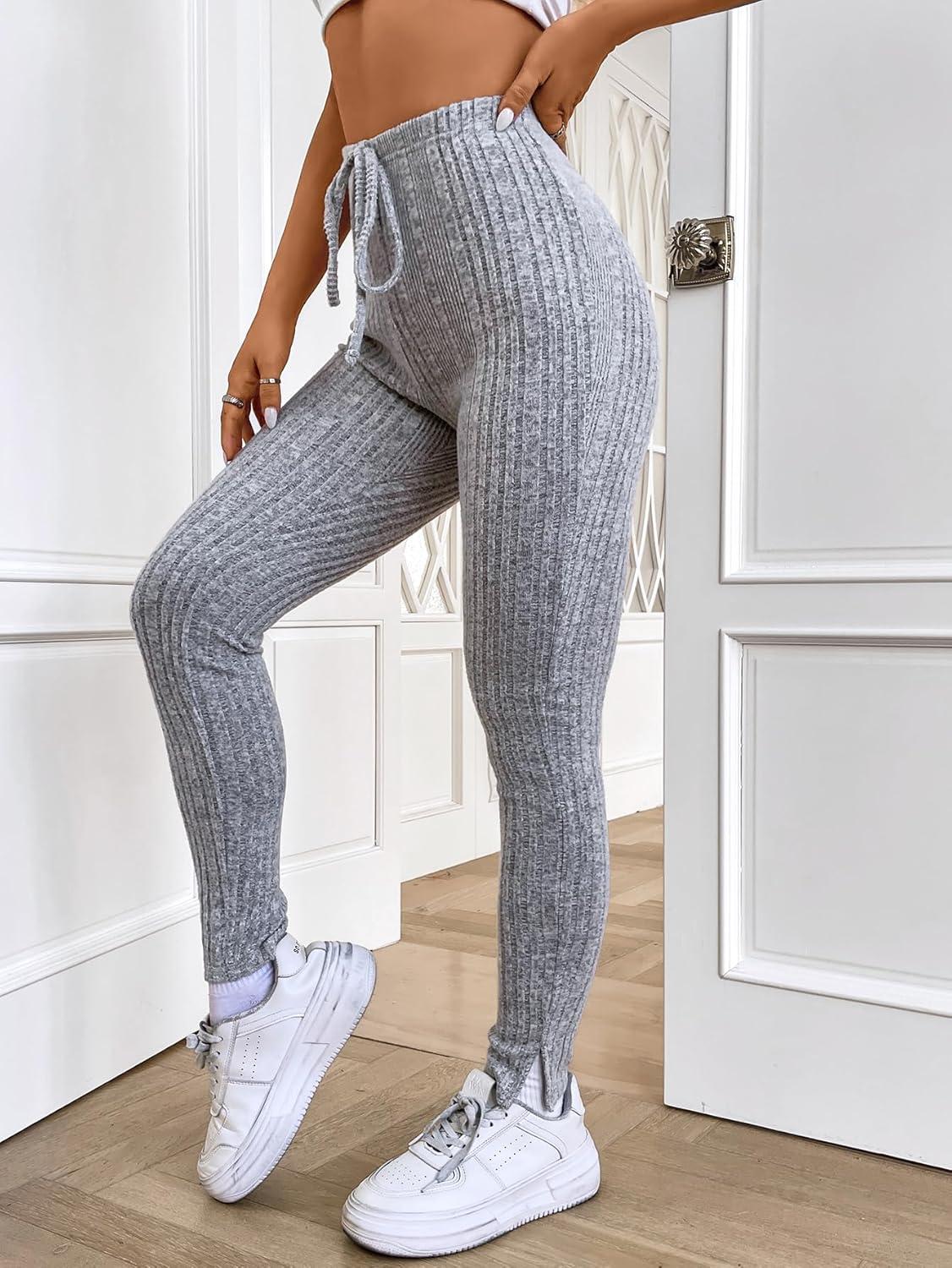 imageFloerns Womens High Waist Split Slit Hem Stretchy Rib Knit Leggings PantsPale Grey
