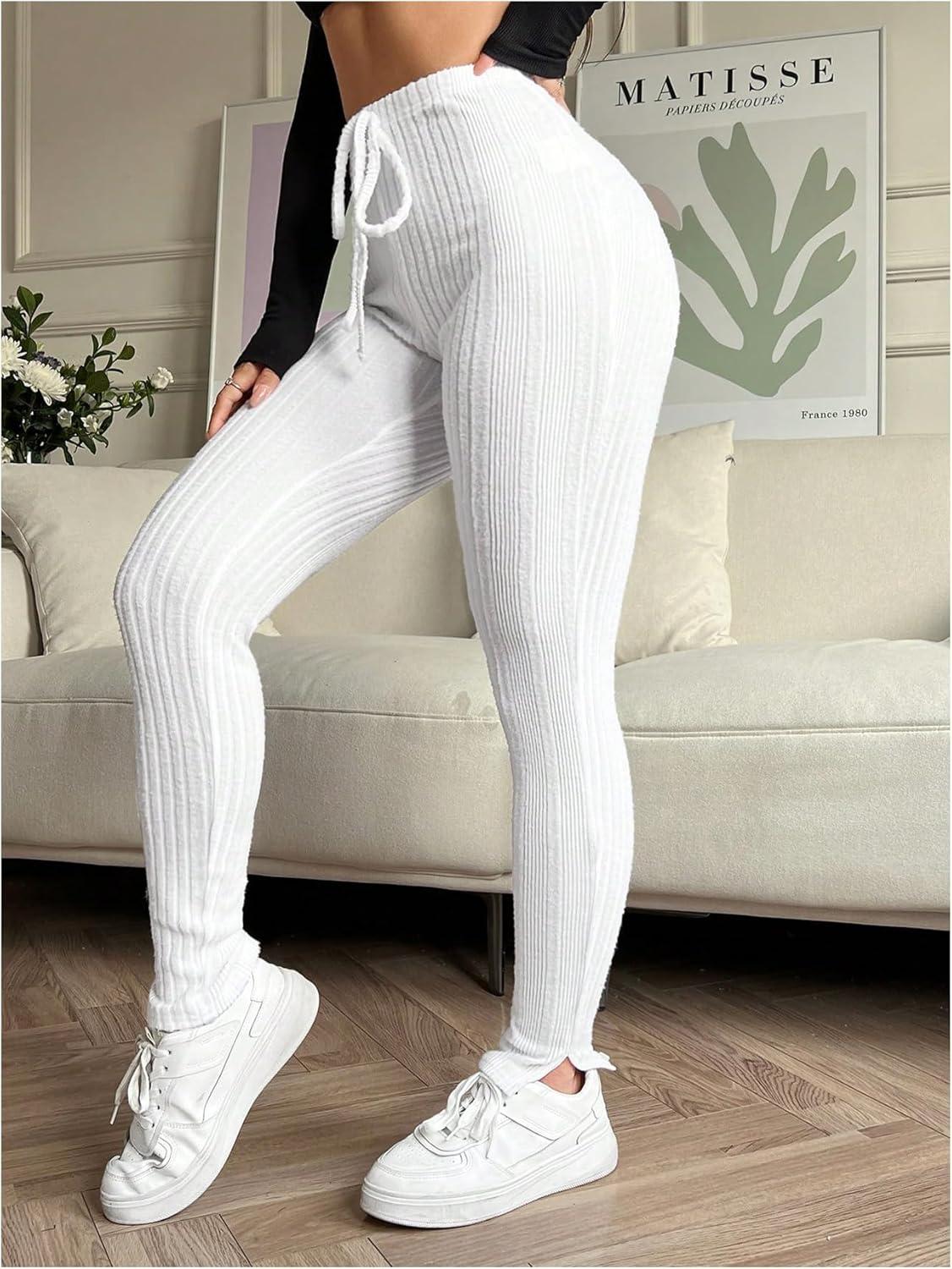 imageFloerns Womens High Waist Split Slit Hem Stretchy Rib Knit Leggings PantsWhite
