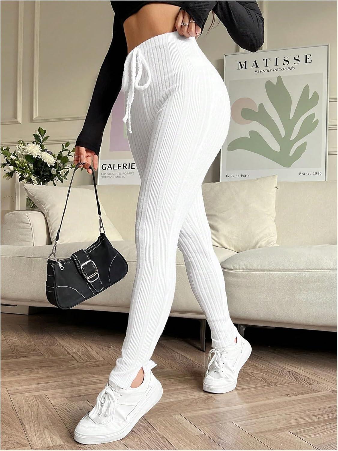 imageFloerns Womens High Waist Split Slit Hem Stretchy Rib Knit Leggings PantsWhite