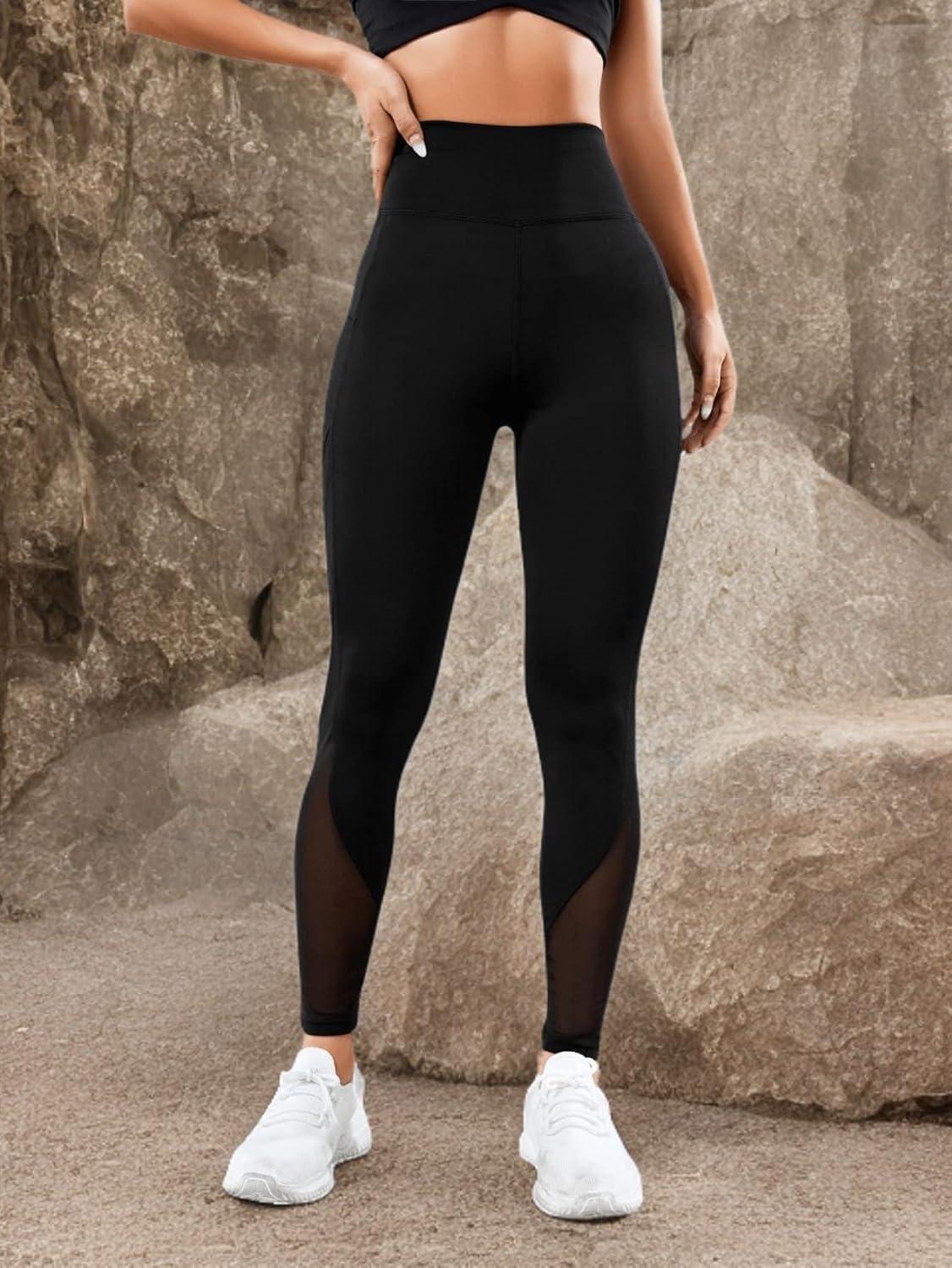 imageFloerns Womens Leopard Mesh High Waisted Tummy Control Squat Leggings with PocketBlack Solid