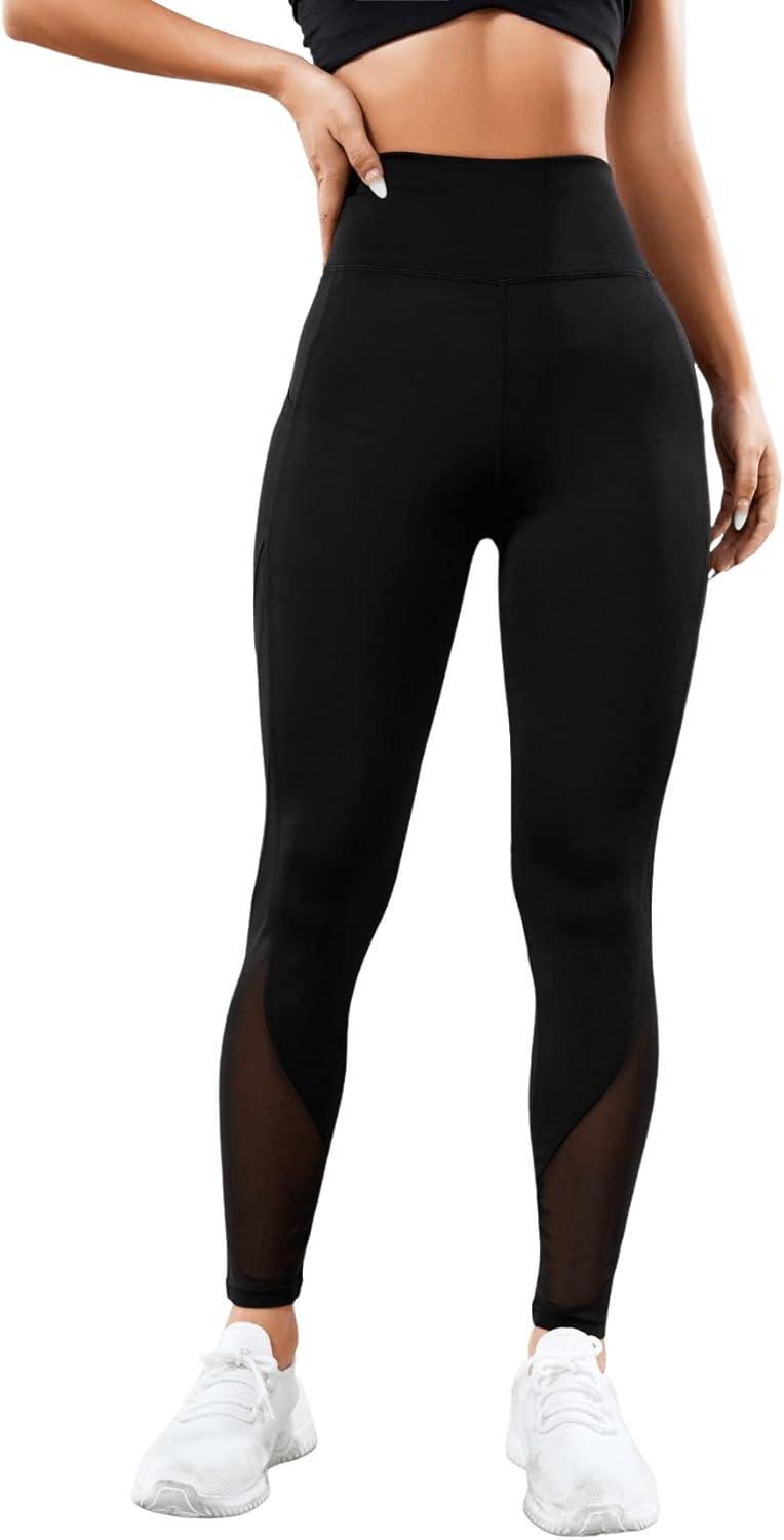 imageFloerns Womens Leopard Mesh High Waisted Tummy Control Squat Leggings with PocketBlack Solid