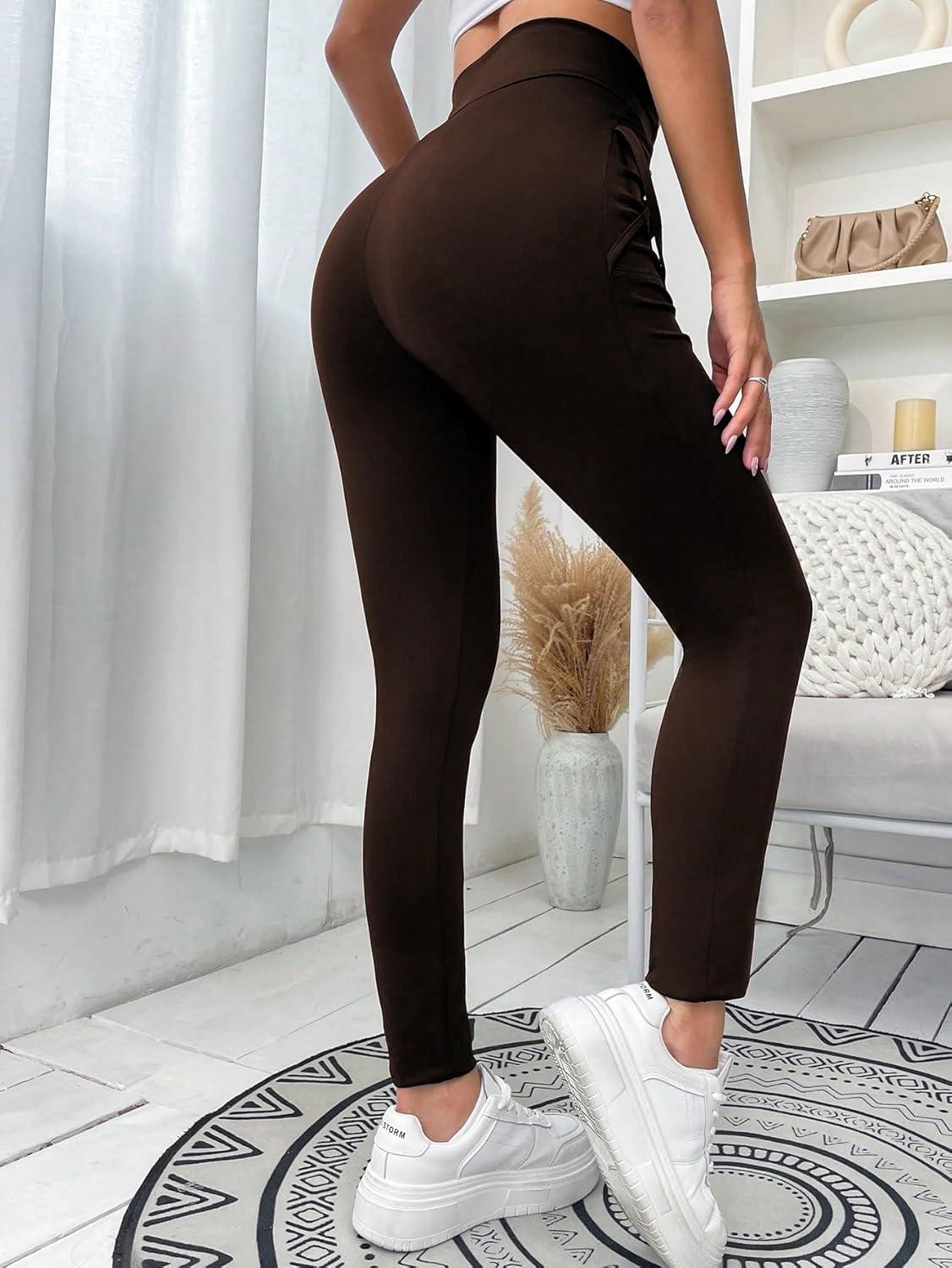 imageFloerns Womens Leopard Mesh High Waisted Tummy Control Squat Leggings with PocketCoffee Brown
