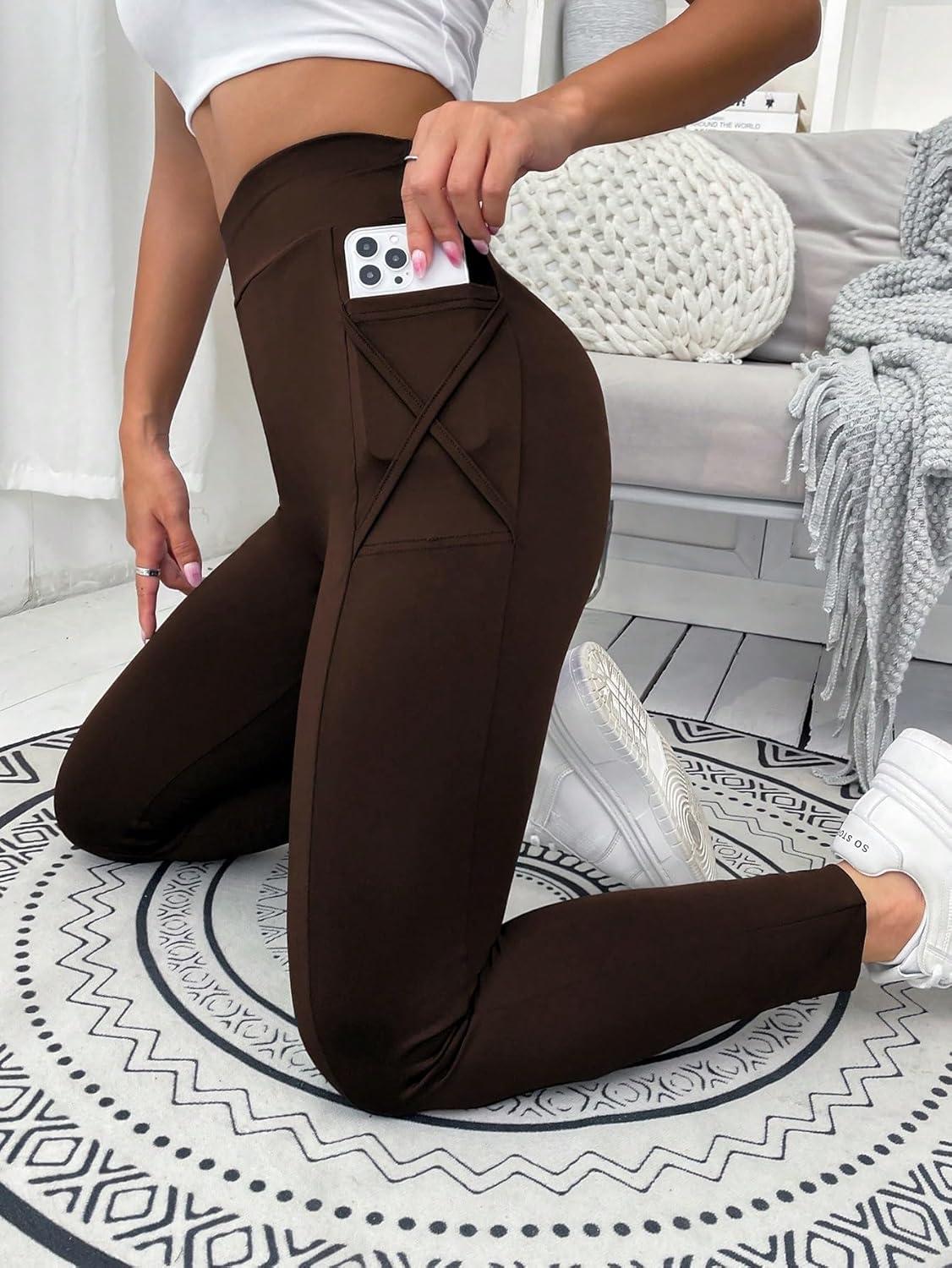 imageFloerns Womens Leopard Mesh High Waisted Tummy Control Squat Leggings with PocketCoffee Brown