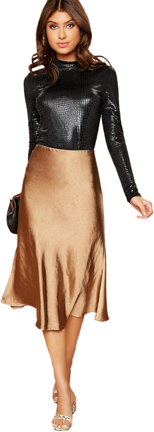 imageFloerns Womens Mock Neck Long Sleeve Crocodile Pattern TShirt Leather TopsBlack