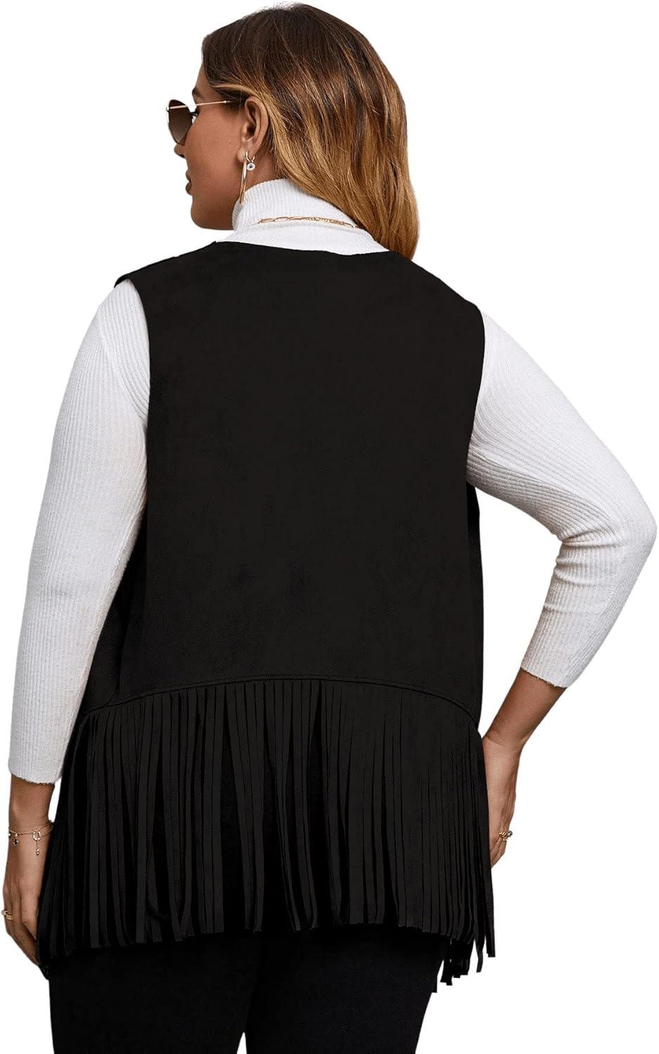 imageFloerns Womens Plus Size Laser Cut Out Sleeveless Open Front Fringe Vest CoatBlack