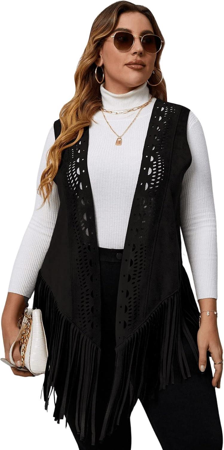 imageFloerns Womens Plus Size Laser Cut Out Sleeveless Open Front Fringe Vest CoatBlack