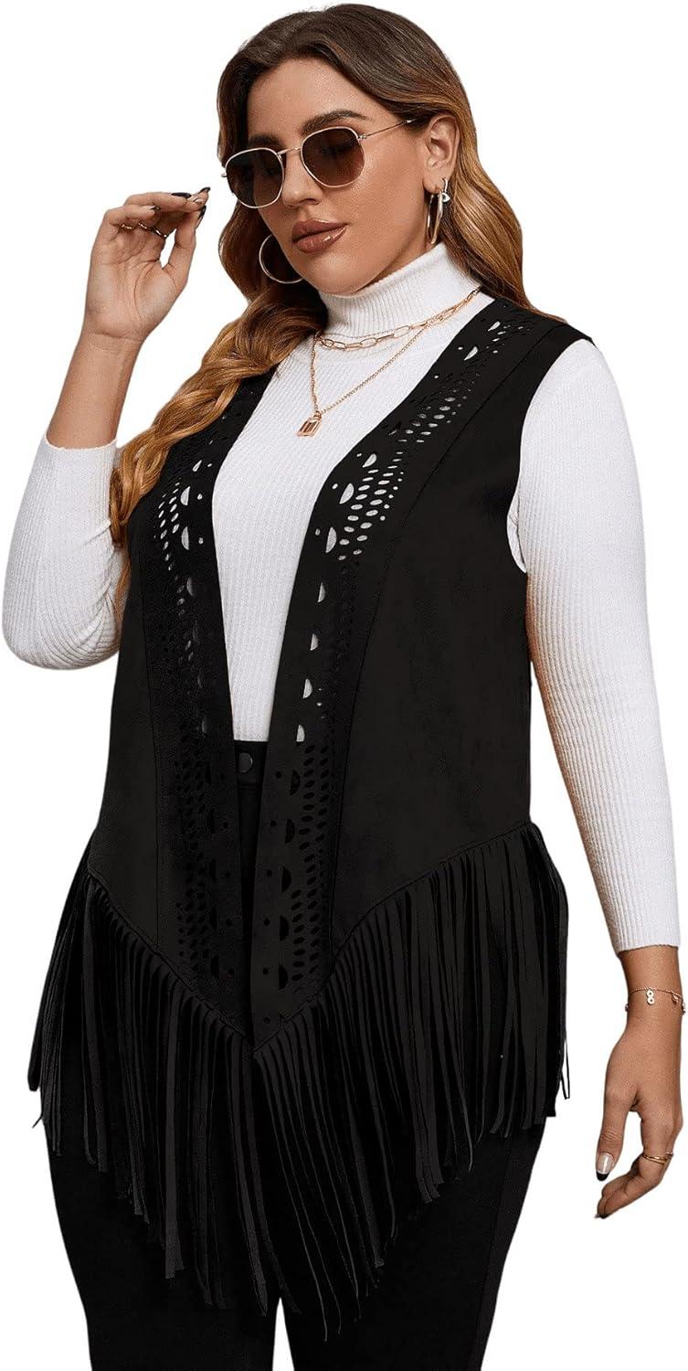 imageFloerns Womens Plus Size Laser Cut Out Sleeveless Open Front Fringe Vest CoatBlack