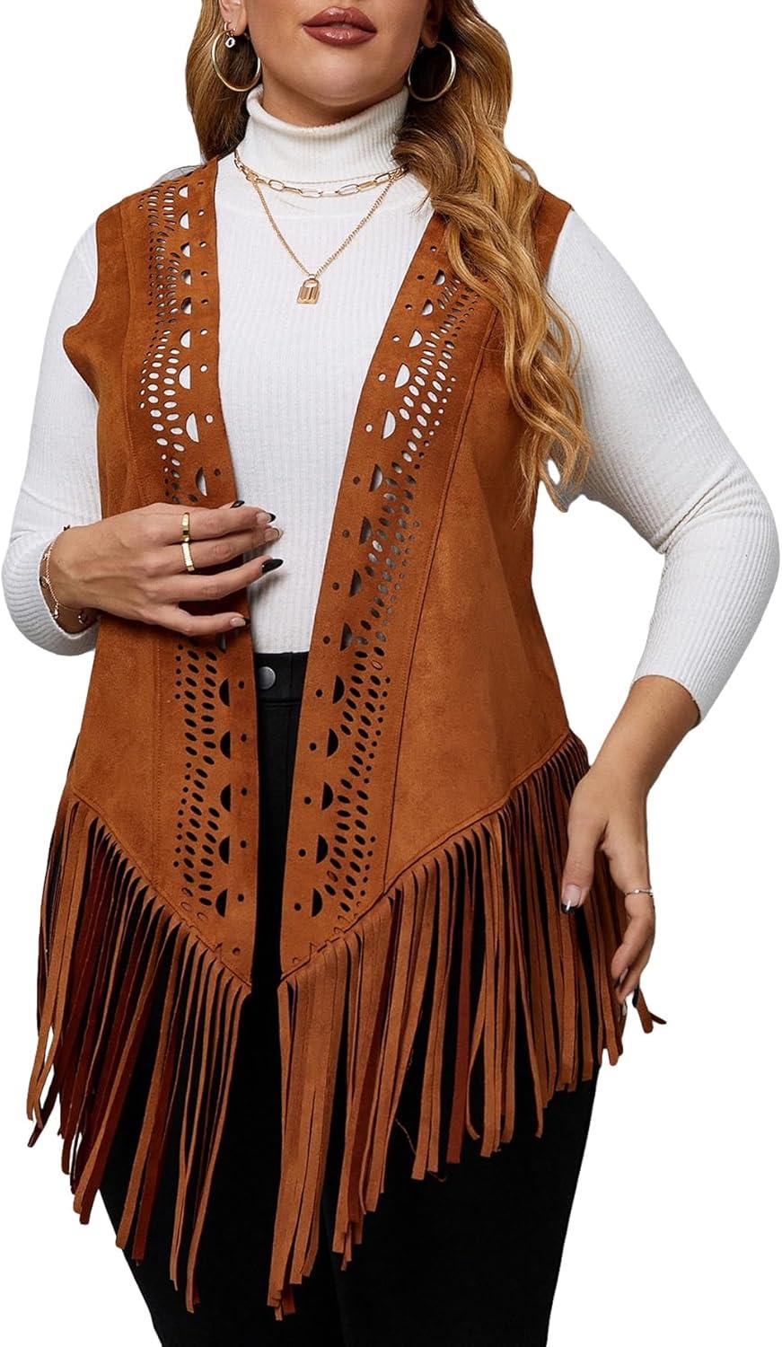 imageFloerns Womens Plus Size Laser Cut Out Sleeveless Open Front Fringe Vest CoatBrown