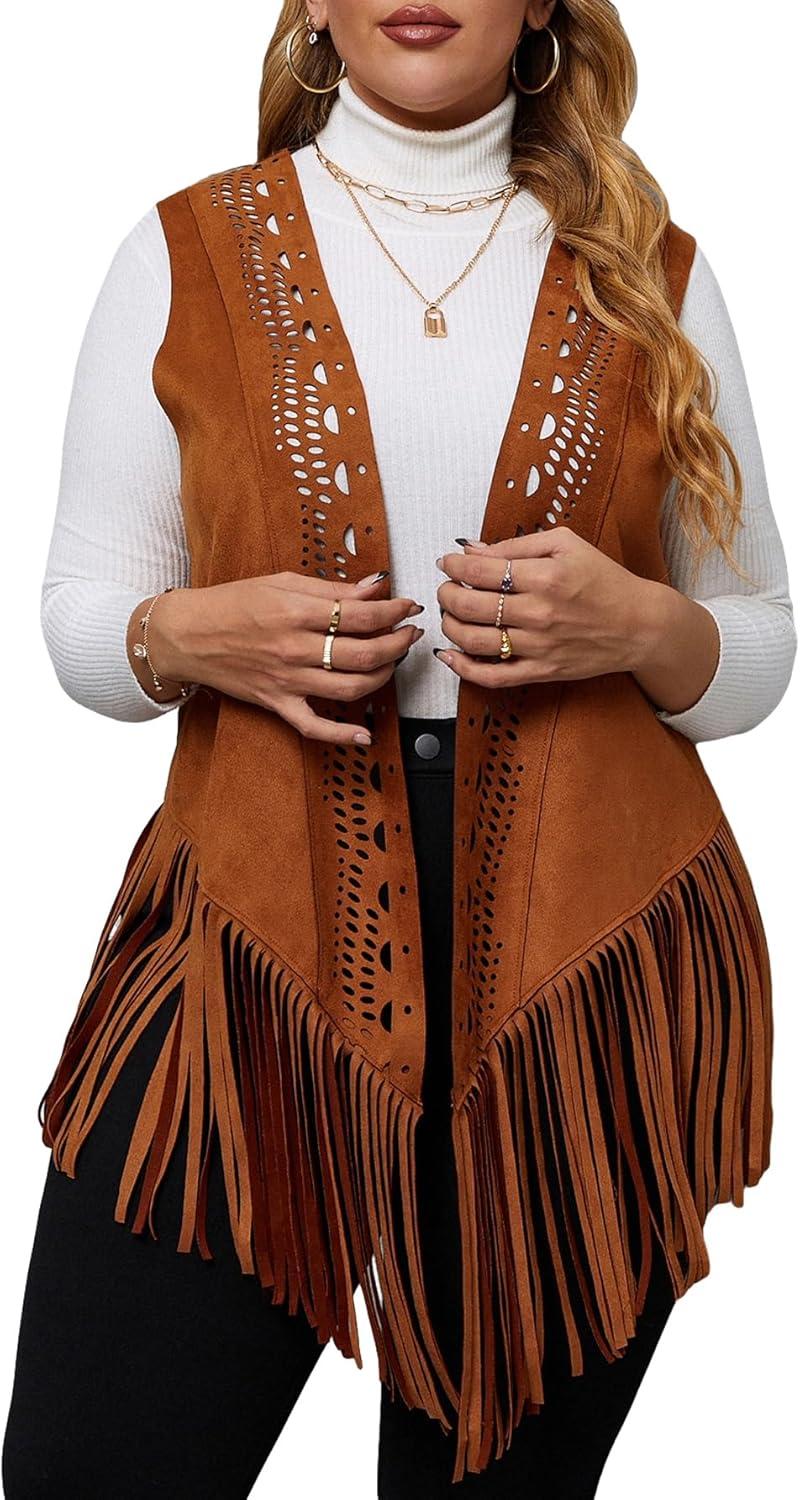 imageFloerns Womens Plus Size Laser Cut Out Sleeveless Open Front Fringe Vest CoatBrown
