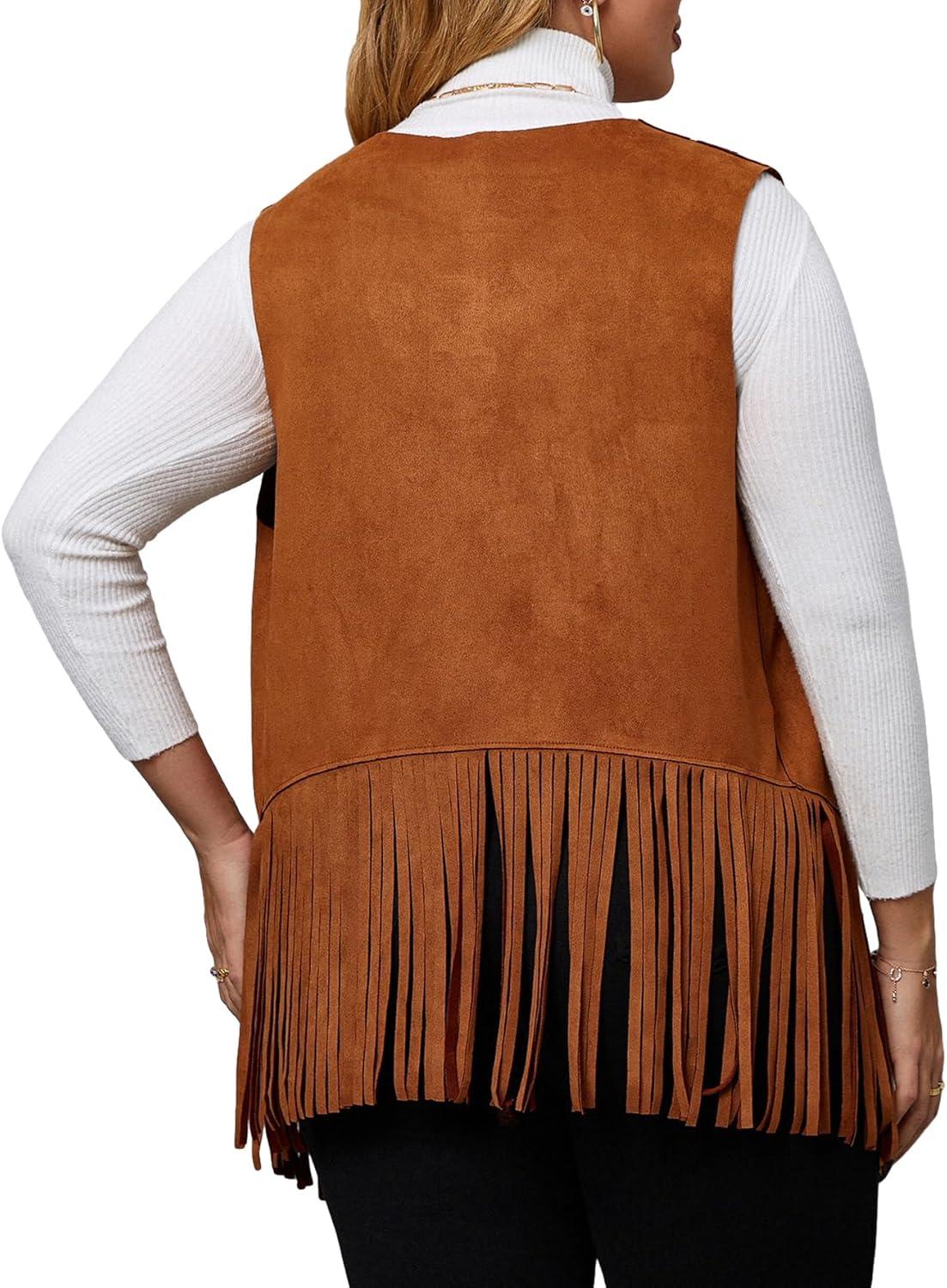 imageFloerns Womens Plus Size Laser Cut Out Sleeveless Open Front Fringe Vest CoatBrown