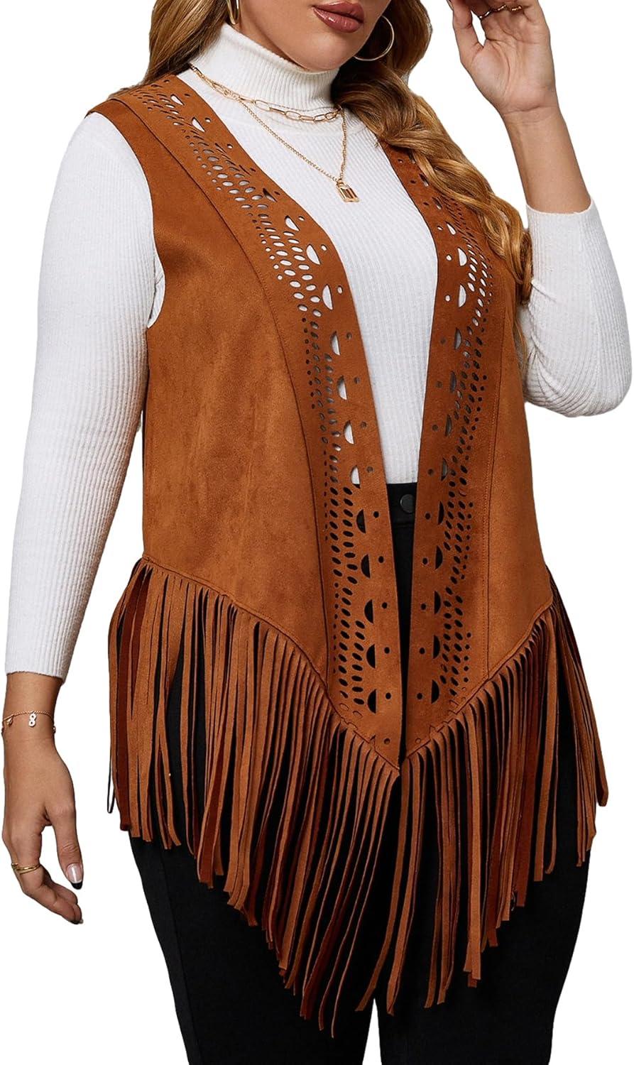 imageFloerns Womens Plus Size Laser Cut Out Sleeveless Open Front Fringe Vest CoatBrown