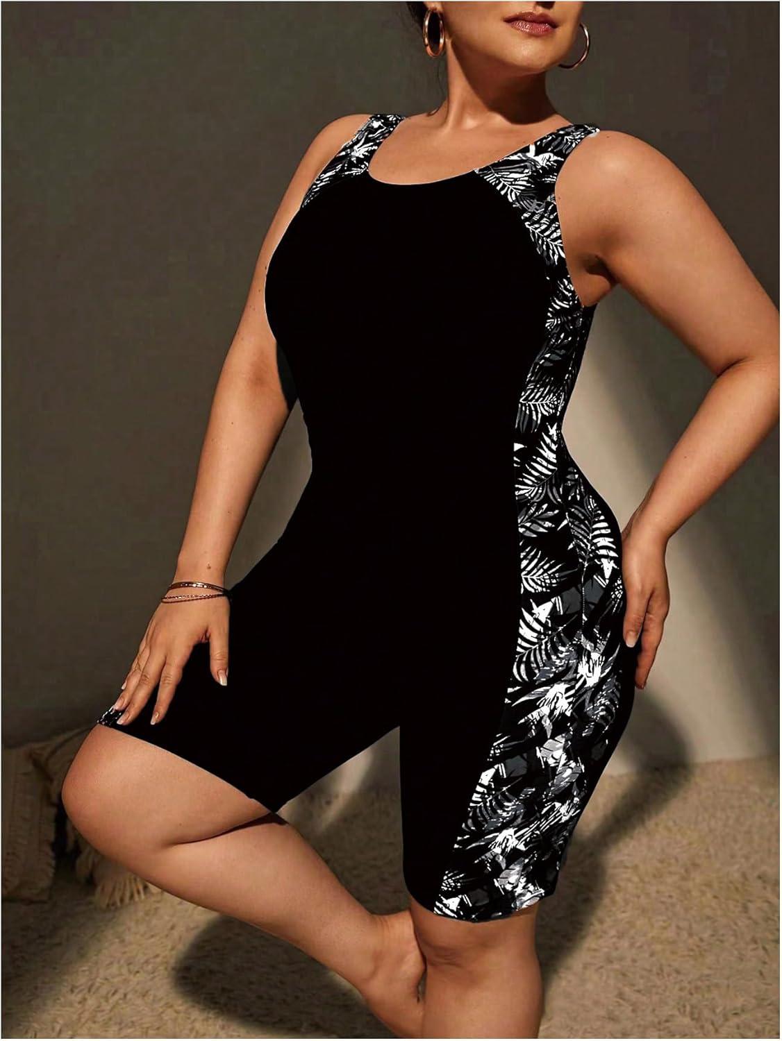 imageFloerns Womens Plus Size One Piece Swimsuit Colorblock Scoop Neck Shorts MonokiniBlack Grey Tropical