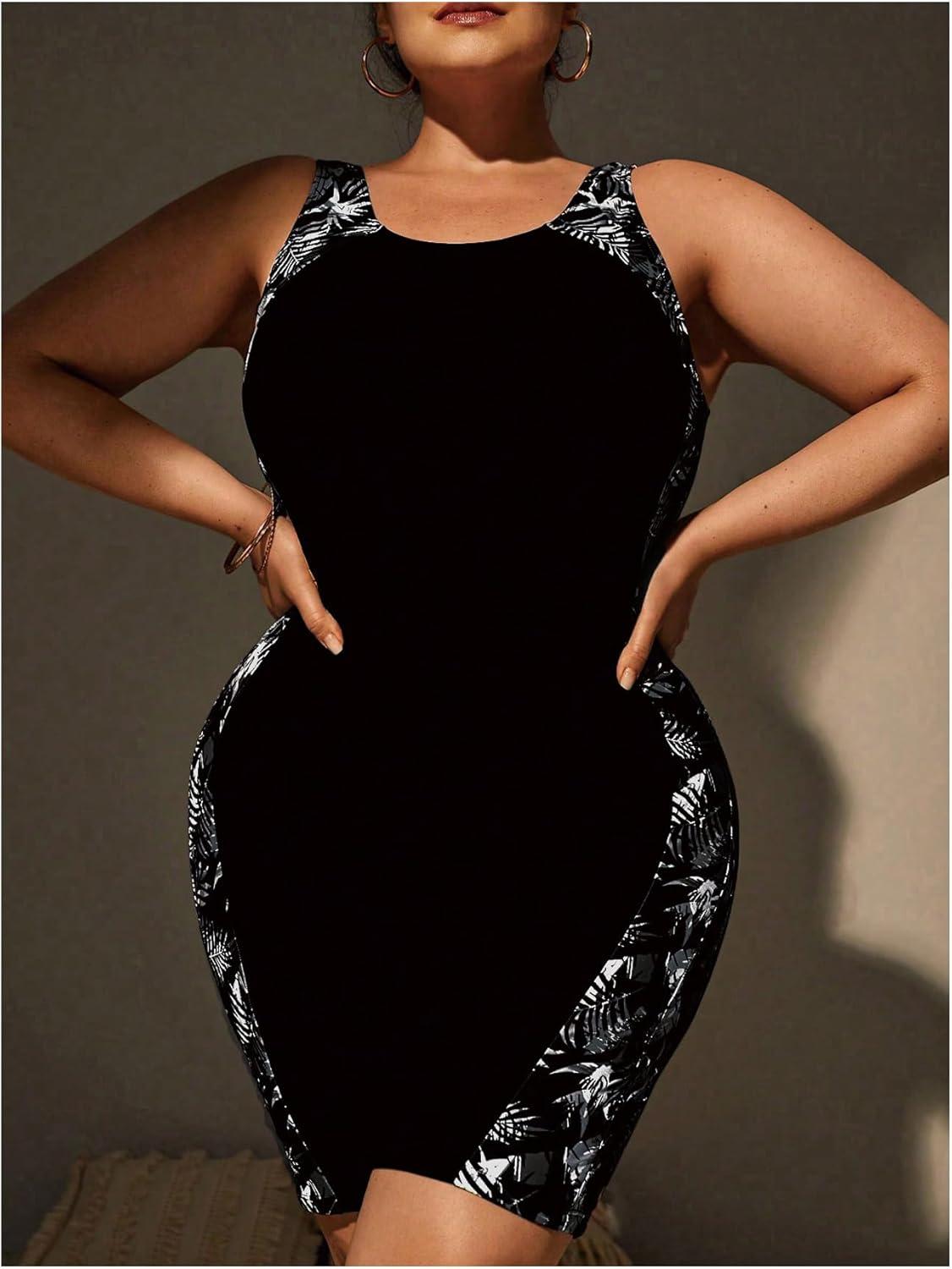 imageFloerns Womens Plus Size One Piece Swimsuit Colorblock Scoop Neck Shorts MonokiniBlack Grey Tropical