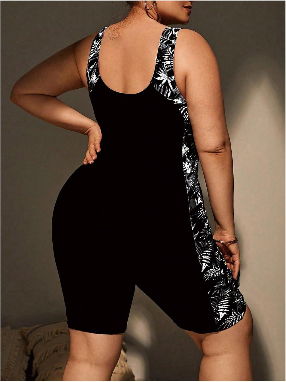 imageFloerns Womens Plus Size One Piece Swimsuit Colorblock Scoop Neck Shorts MonokiniBlack Grey Tropical