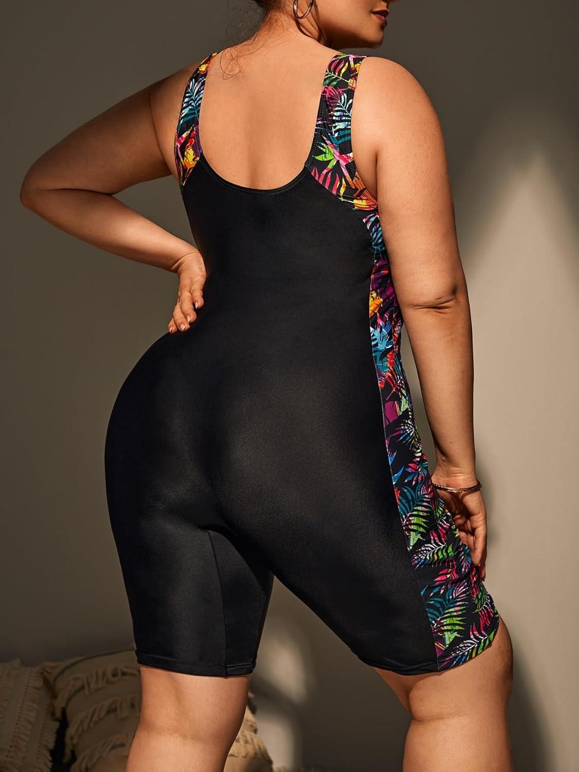 imageFloerns Womens Plus Size One Piece Swimsuit Colorblock Scoop Neck Shorts MonokiniBlack Tropical