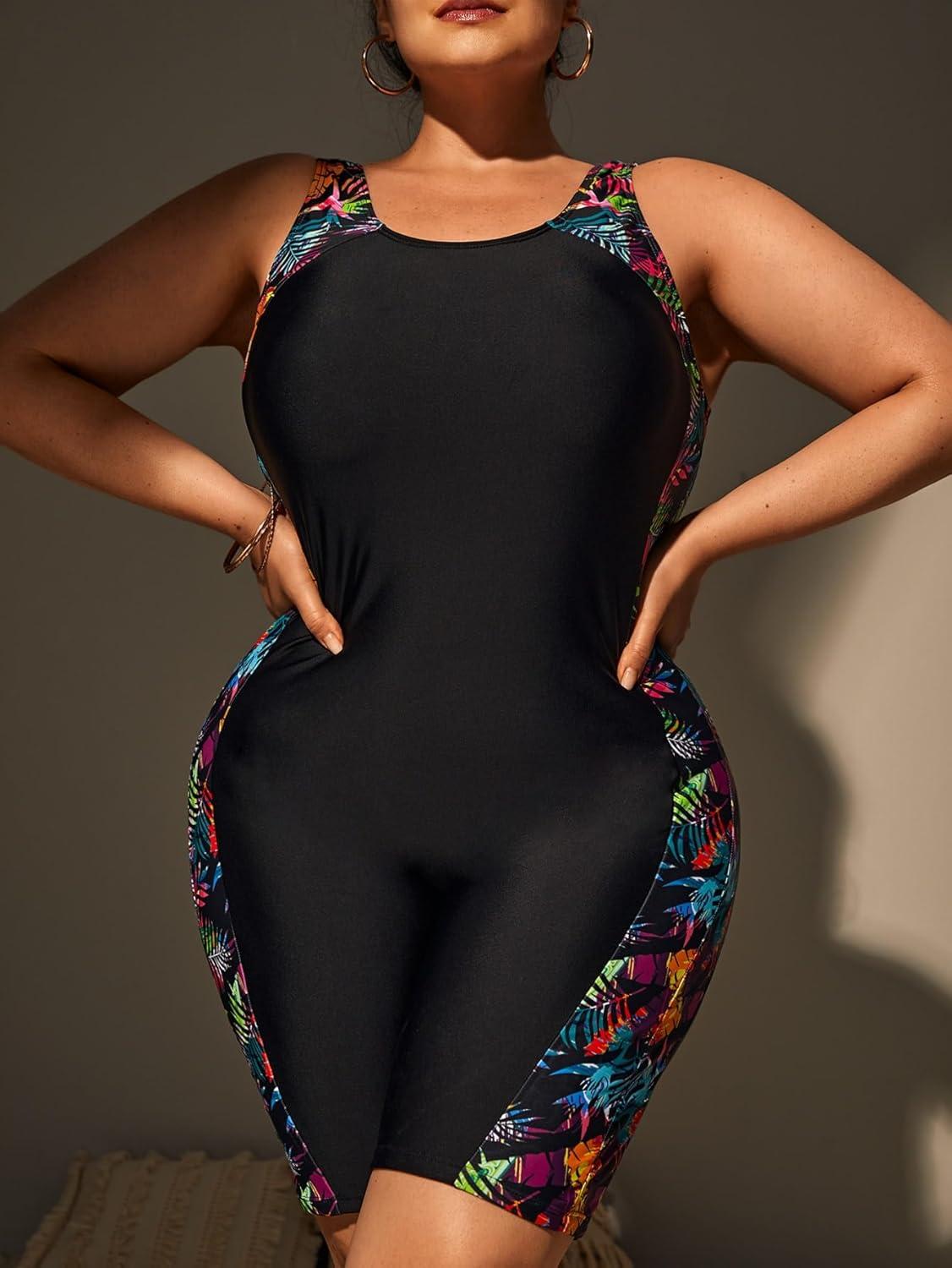 imageFloerns Womens Plus Size One Piece Swimsuit Colorblock Scoop Neck Shorts MonokiniBlack Tropical