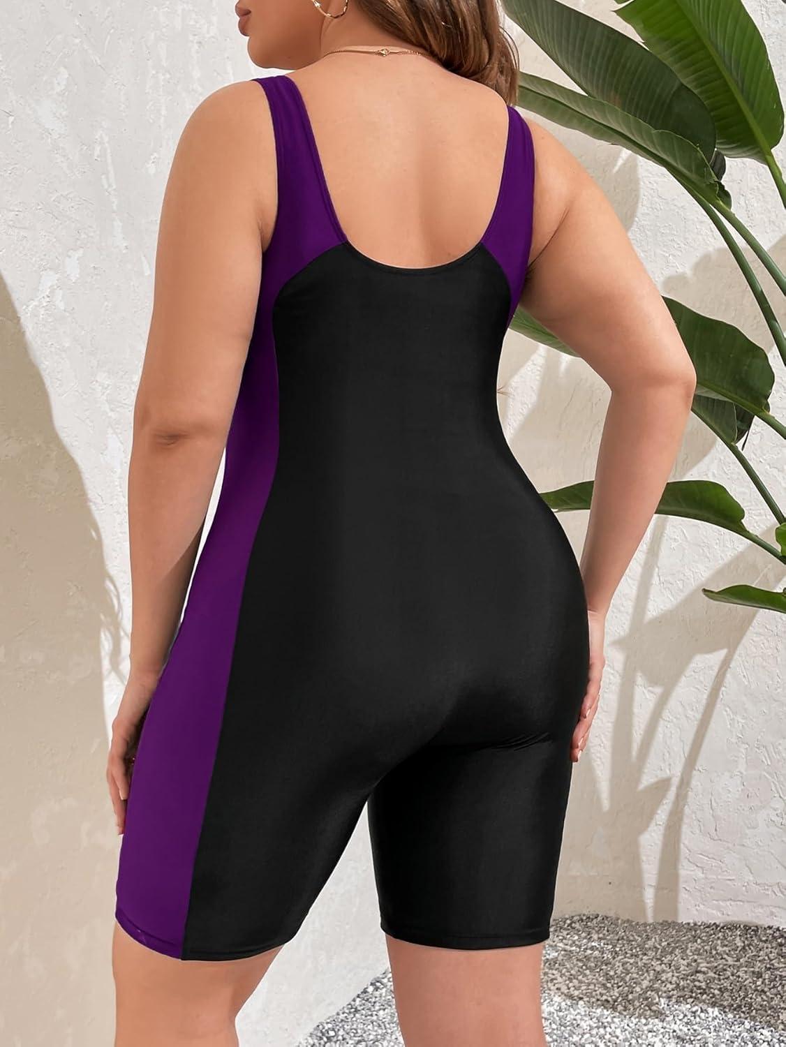 imageFloerns Womens Plus Size One Piece Swimsuit Colorblock Scoop Neck Shorts MonokiniBlack and Purple
