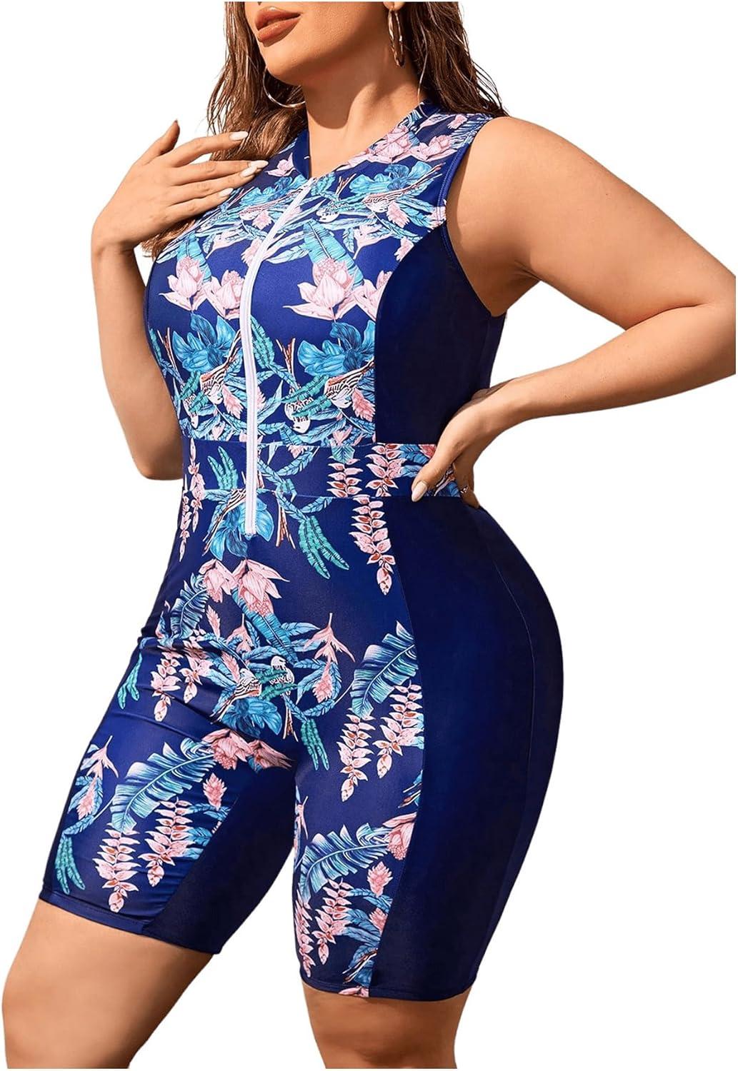 imageFloerns Womens Plus Size One Piece Swimsuit Colorblock Scoop Neck Shorts MonokiniDeep Blue Tropical