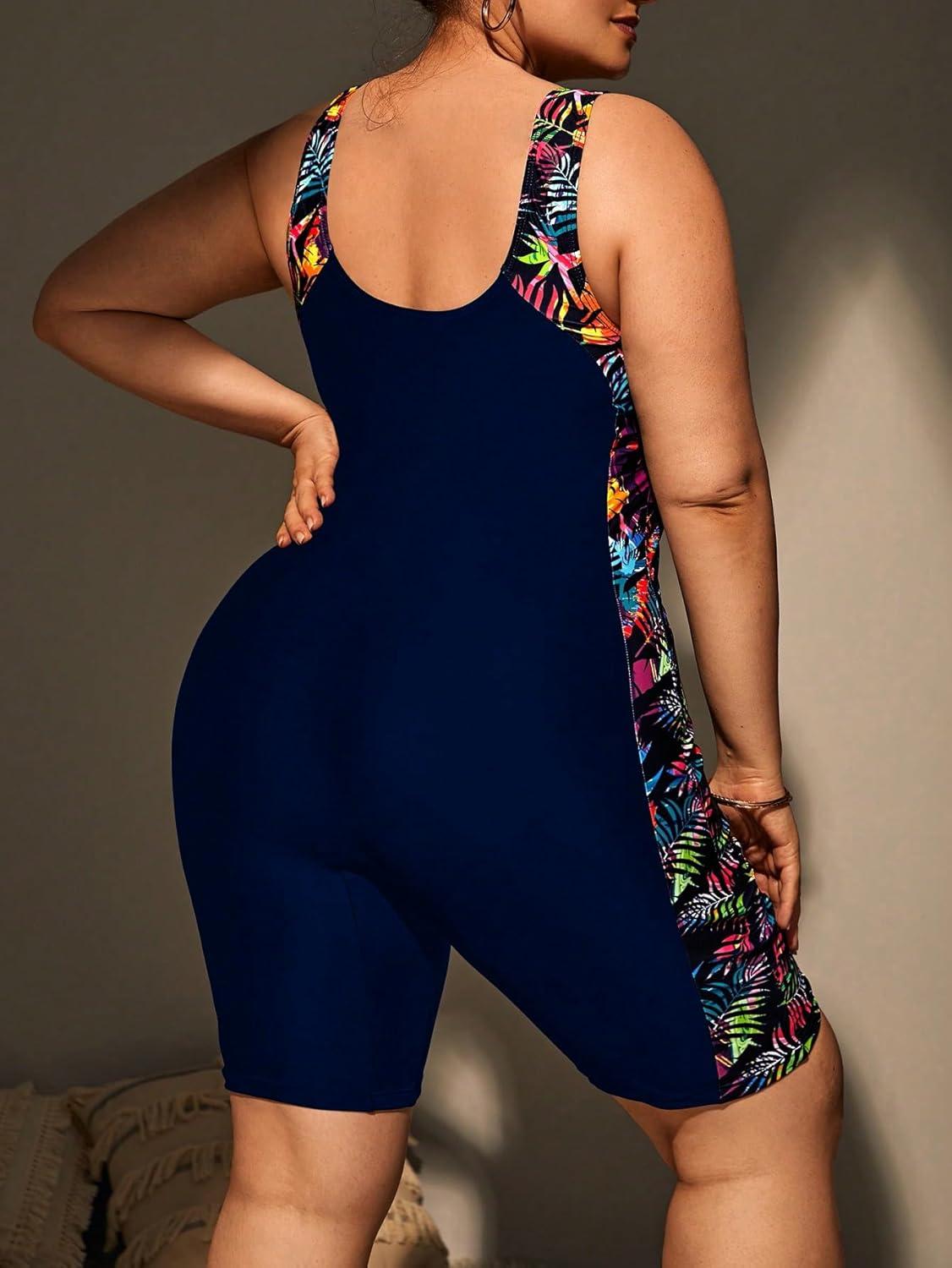 imageFloerns Womens Plus Size One Piece Swimsuit Colorblock Scoop Neck Shorts MonokiniNavy Blue Tropical