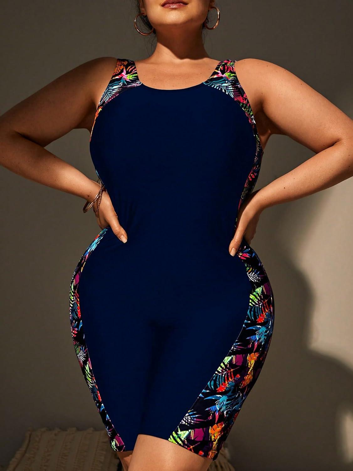 imageFloerns Womens Plus Size One Piece Swimsuit Colorblock Scoop Neck Shorts MonokiniNavy Blue Tropical