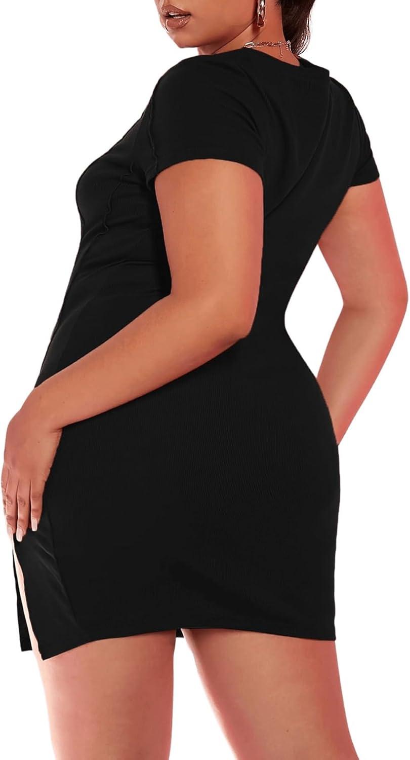 imageFloerns Womens Plus Size Short Sleeve Split Hem Party Bodycon Mini DressBlack