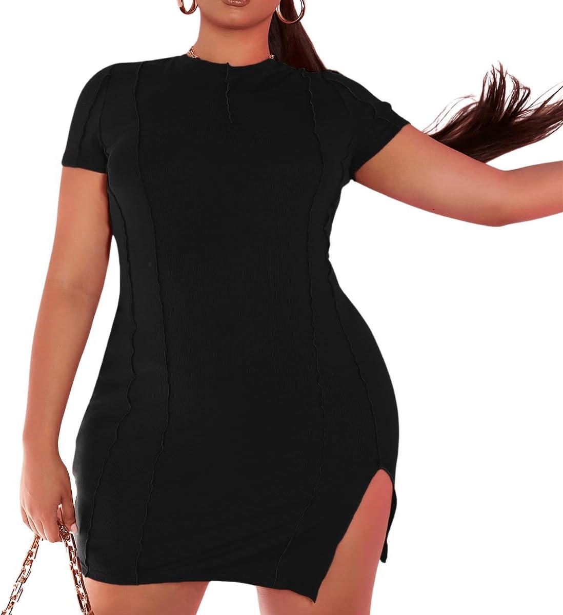 imageFloerns Womens Plus Size Short Sleeve Split Hem Party Bodycon Mini DressBlack