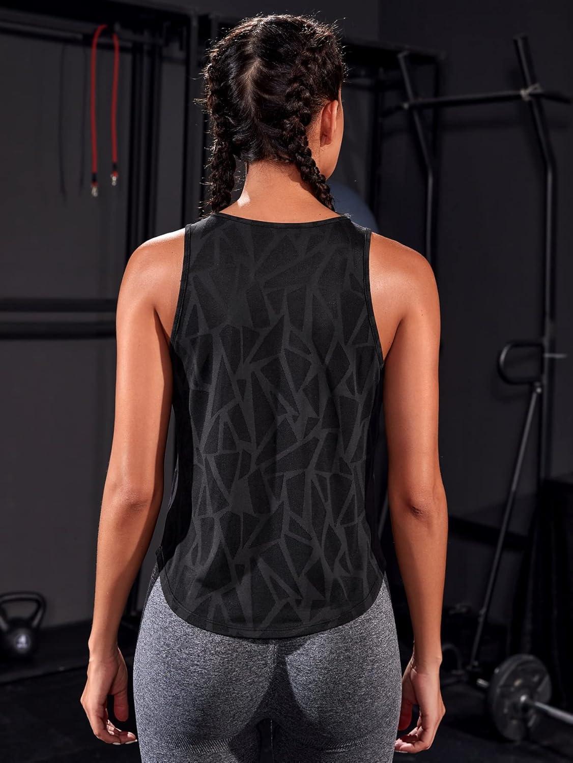 imageFloerns Womens Workout Tops Geo Print Sleeveless Athletic Running Tank TopsBlack