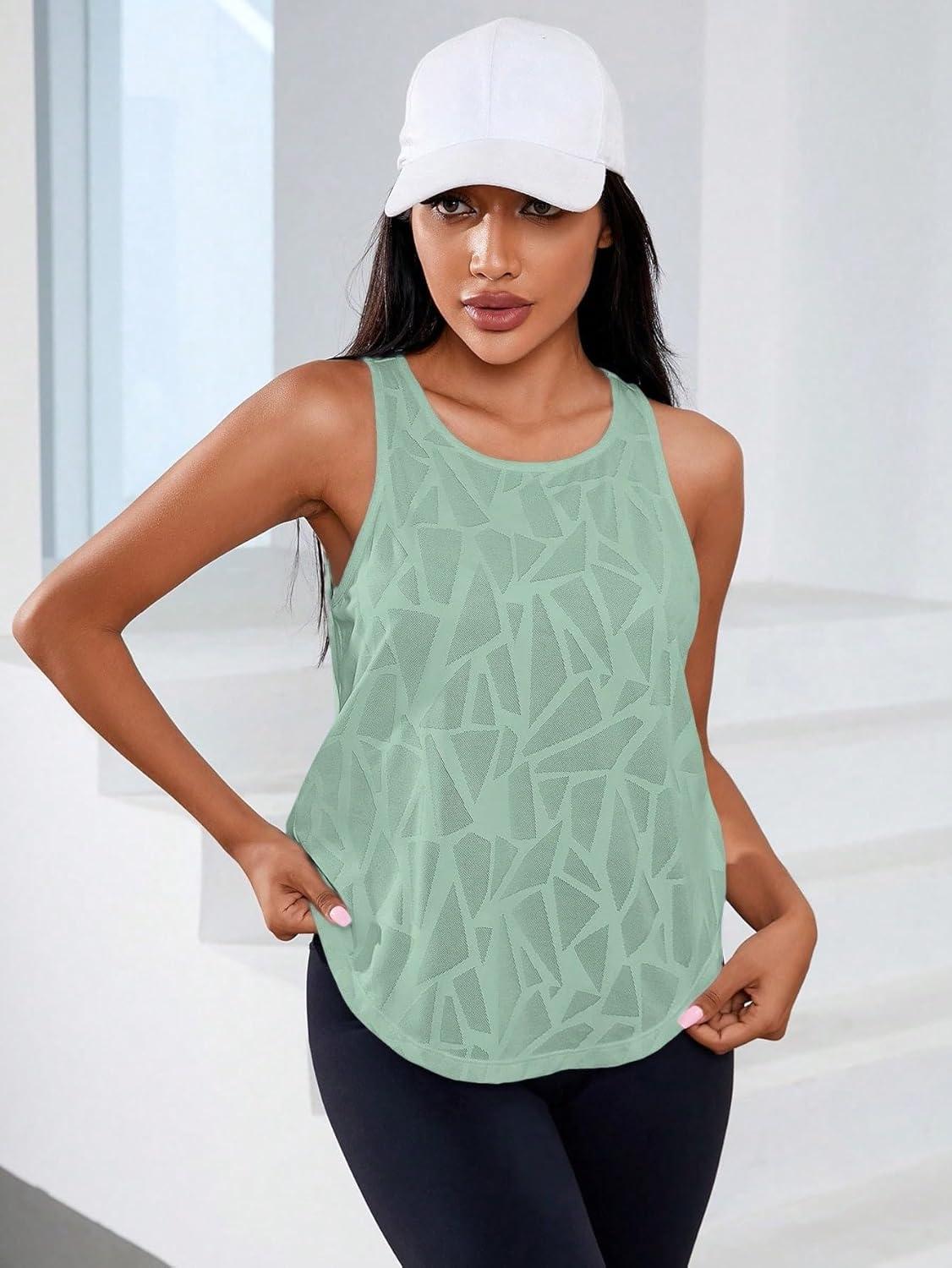 imageFloerns Womens Workout Tops Geo Print Sleeveless Athletic Running Tank TopsGreen