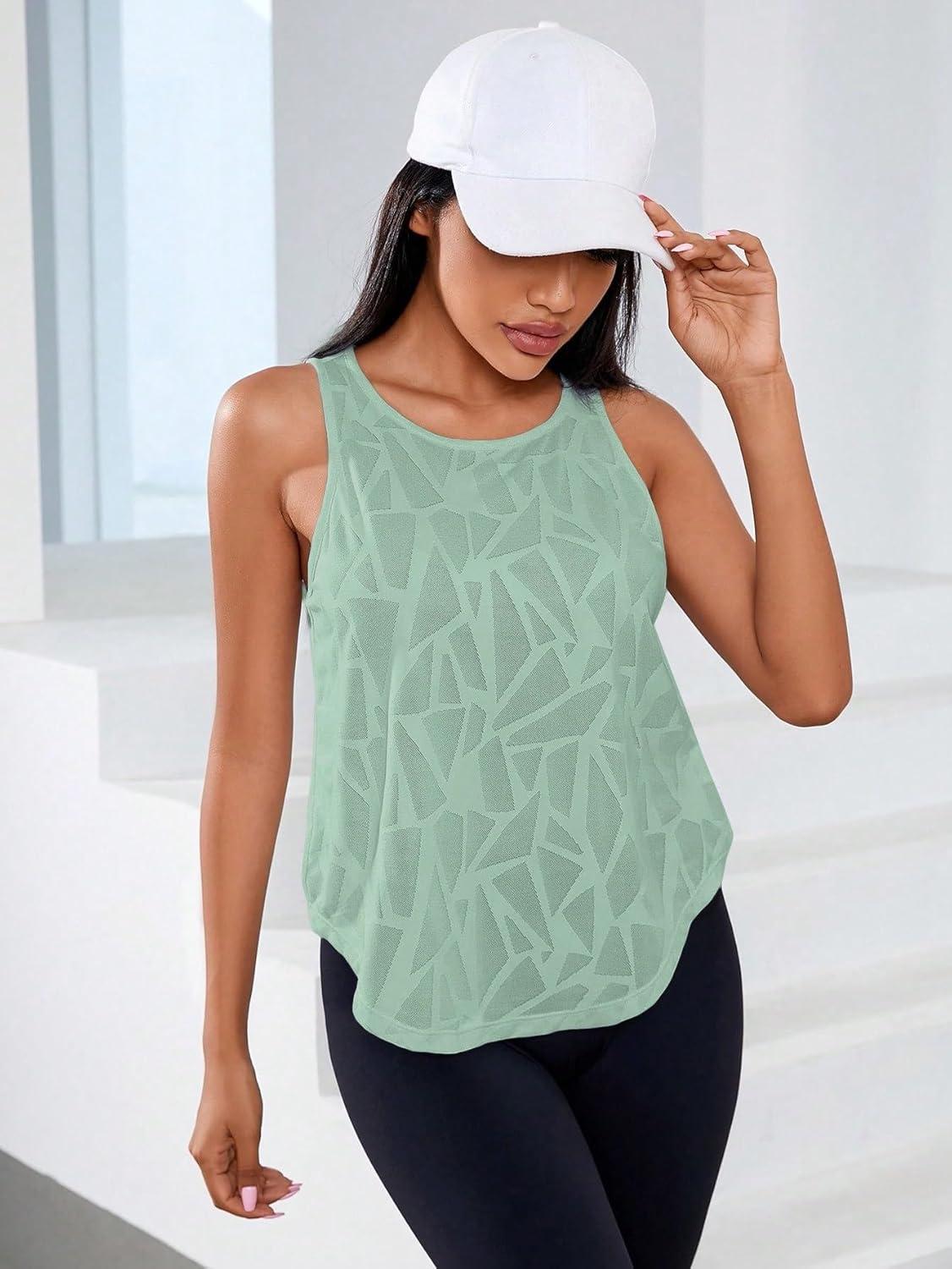 imageFloerns Womens Workout Tops Geo Print Sleeveless Athletic Running Tank TopsGreen