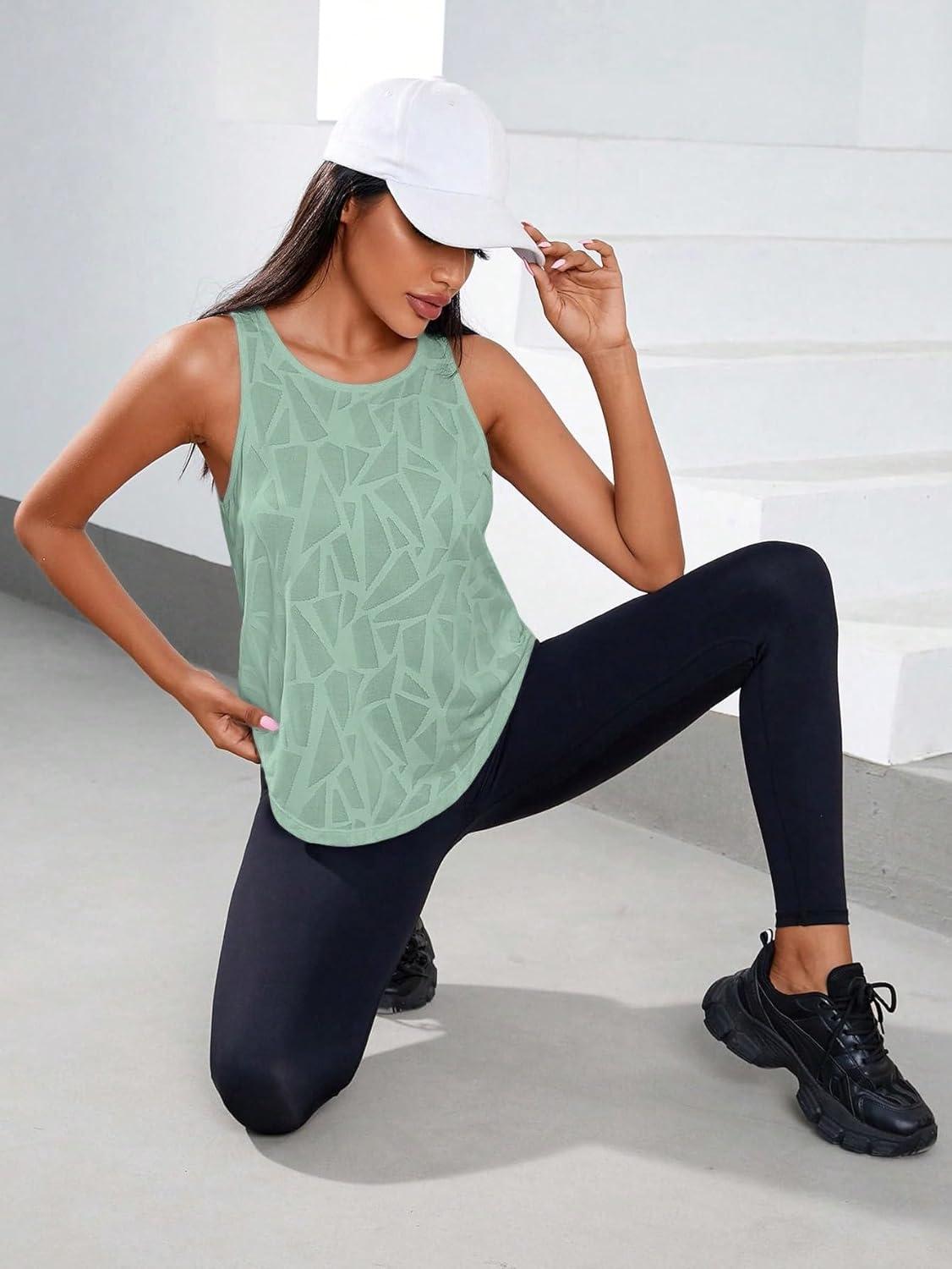 imageFloerns Womens Workout Tops Geo Print Sleeveless Athletic Running Tank TopsGreen
