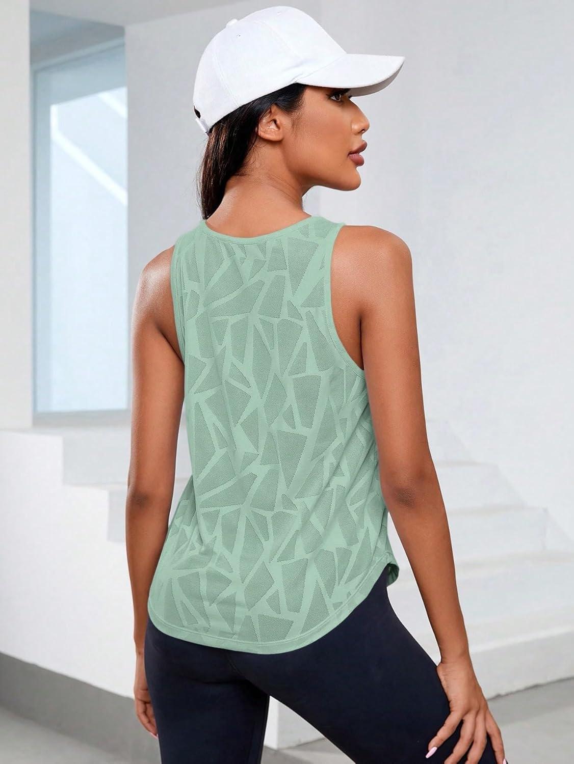 imageFloerns Womens Workout Tops Geo Print Sleeveless Athletic Running Tank TopsGreen