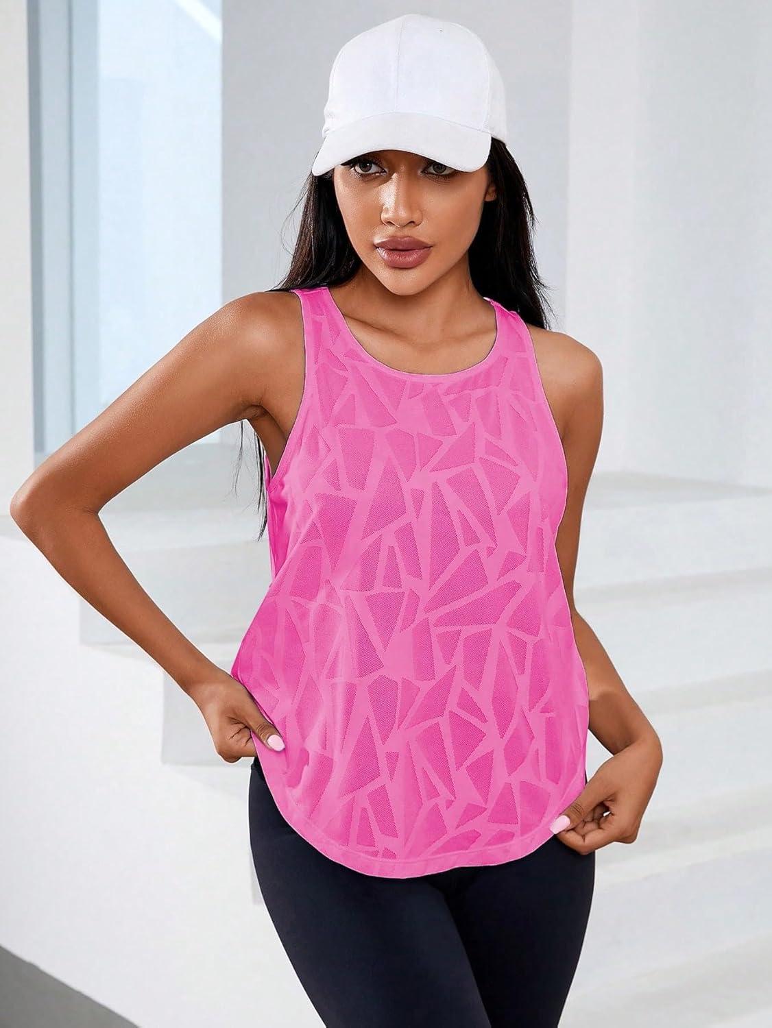 imageFloerns Womens Workout Tops Geo Print Sleeveless Athletic Running Tank TopsHot Pink