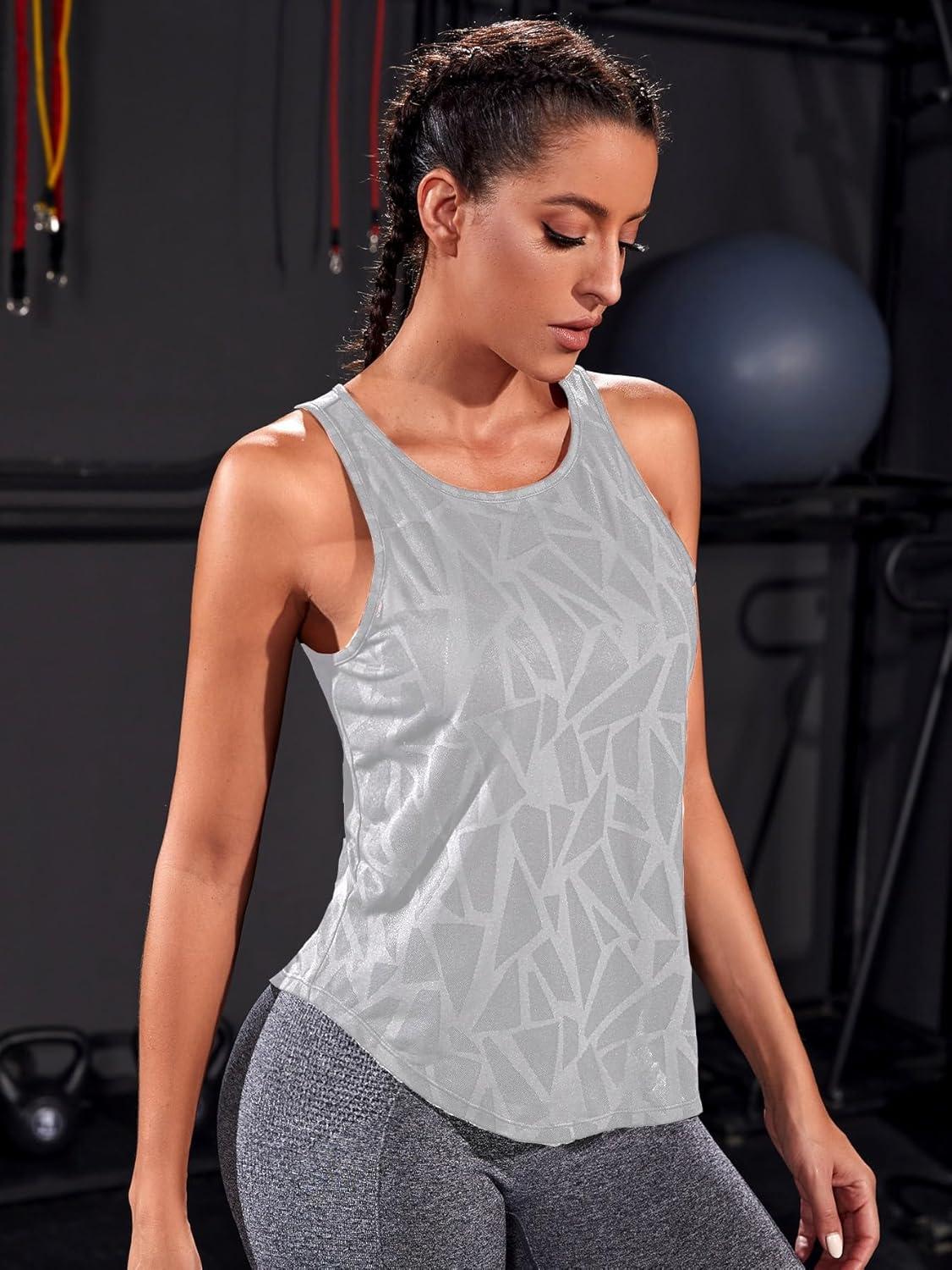 imageFloerns Womens Workout Tops Geo Print Sleeveless Athletic Running Tank TopsLight Grey