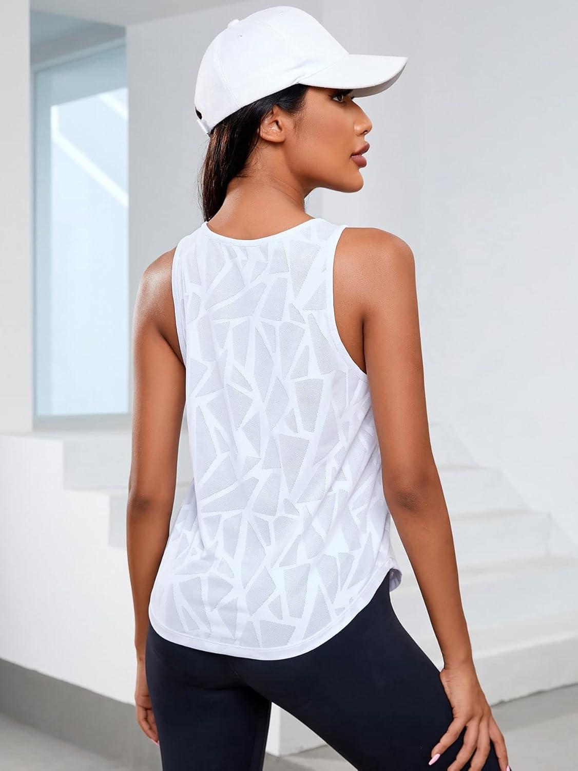 imageFloerns Womens Workout Tops Geo Print Sleeveless Athletic Running Tank TopsWhite