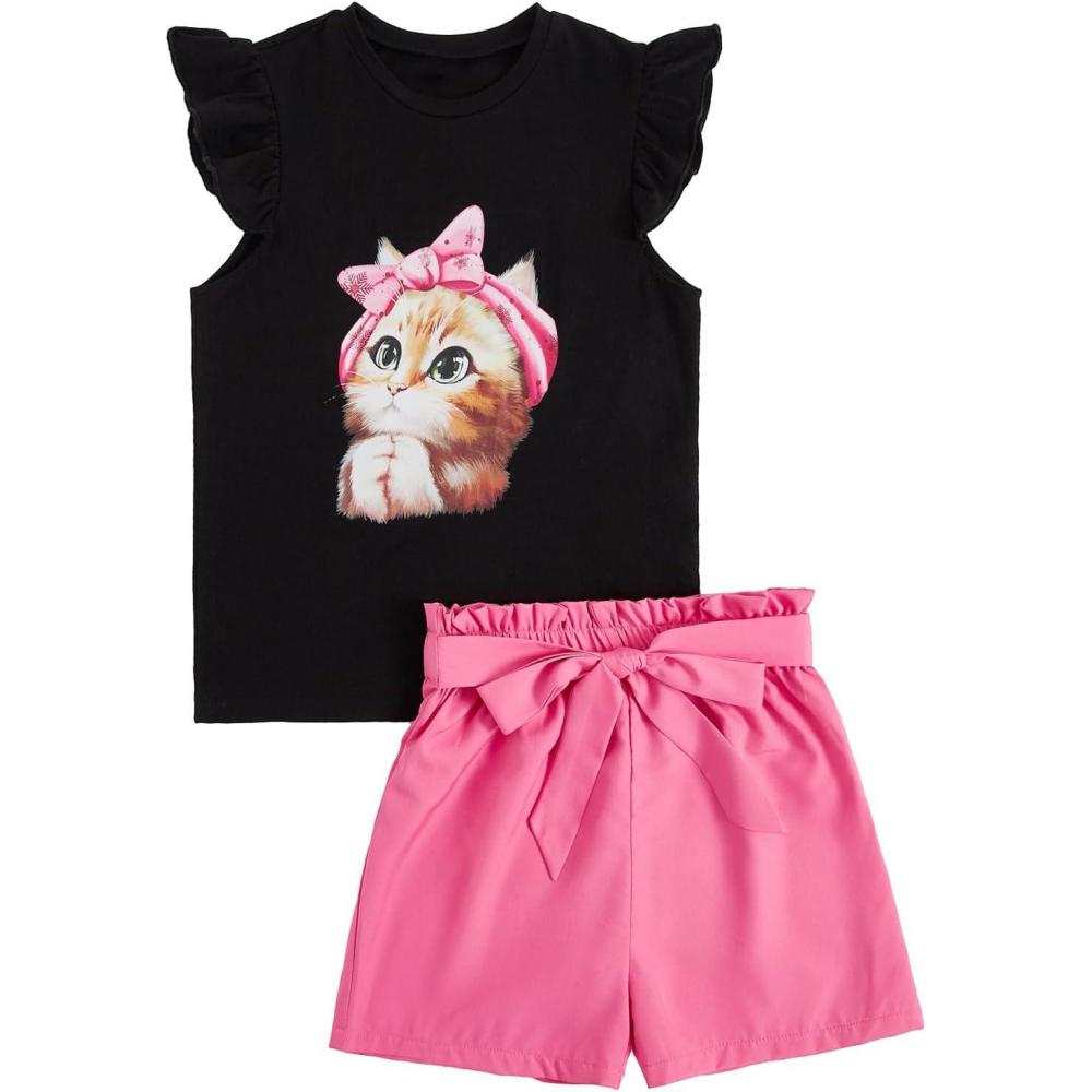 imageFloerns Girls 2 Piece Outfit Ruffle Trim Tee Top with Paperbag Waist Shorts SetBlack Cat