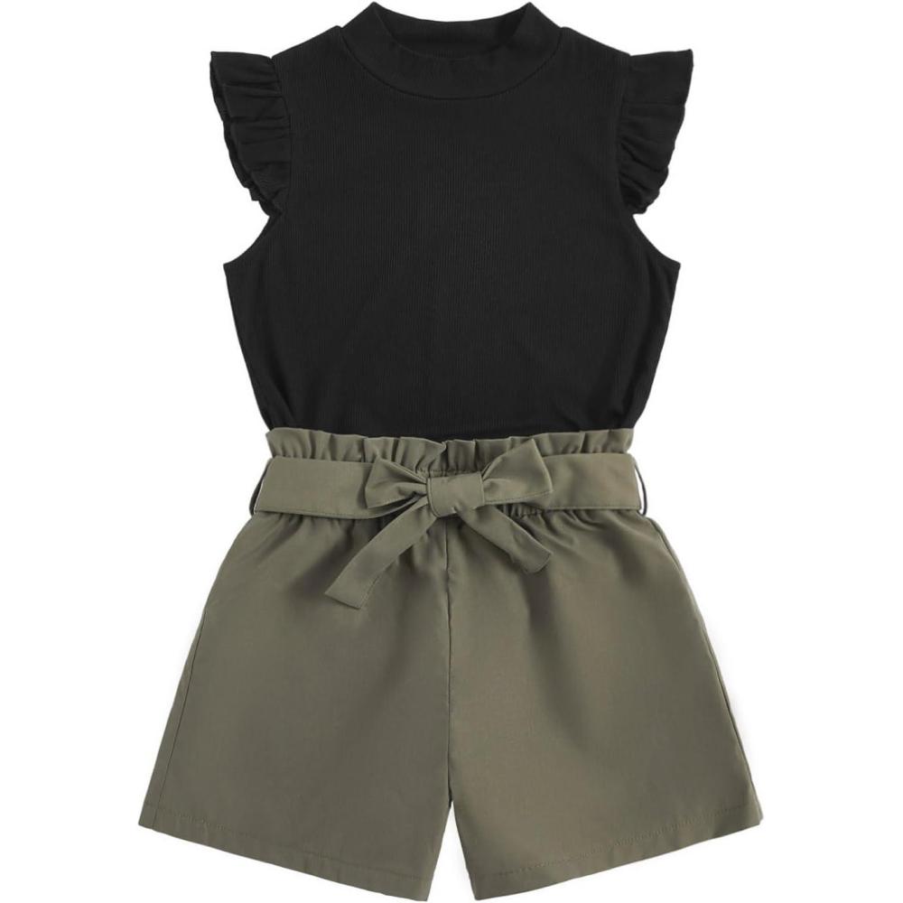 imageFloerns Girls 2 Piece Outfit Ruffle Trim Tee Top with Paperbag Waist Shorts SetBlack Green