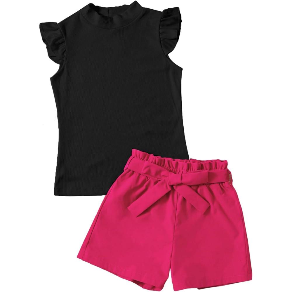 imageFloerns Girls 2 Piece Outfit Ruffle Trim Tee Top with Paperbag Waist Shorts SetBlack Rose Red