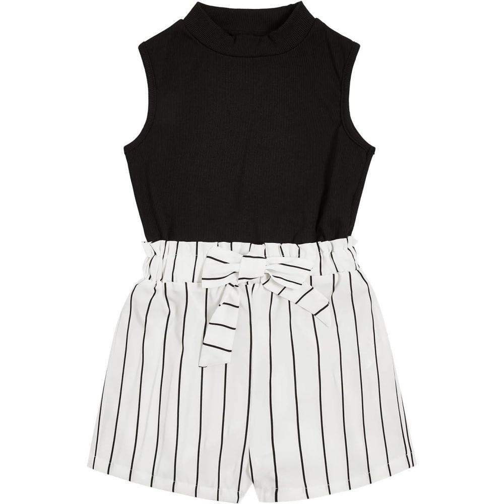 imageFloerns Girls 2 Piece Outfit Ruffle Trim Tee Top with Paperbag Waist Shorts SetBlack Striped